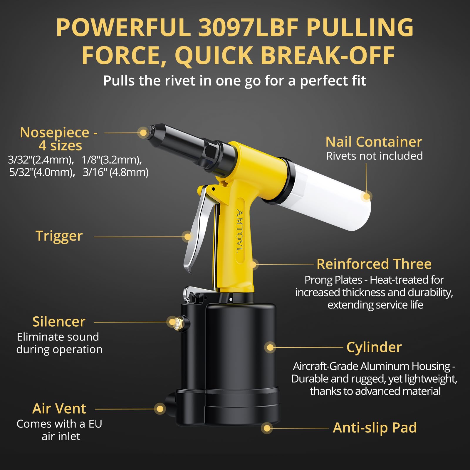 AMTOVL Pneumatic Riveter, 1408KGF Pulling Pneumatic Rivet Gun, Heavy-Duty Air Pop Riveter, Pop Rivet Gun Set including 2.4mm - Image 3