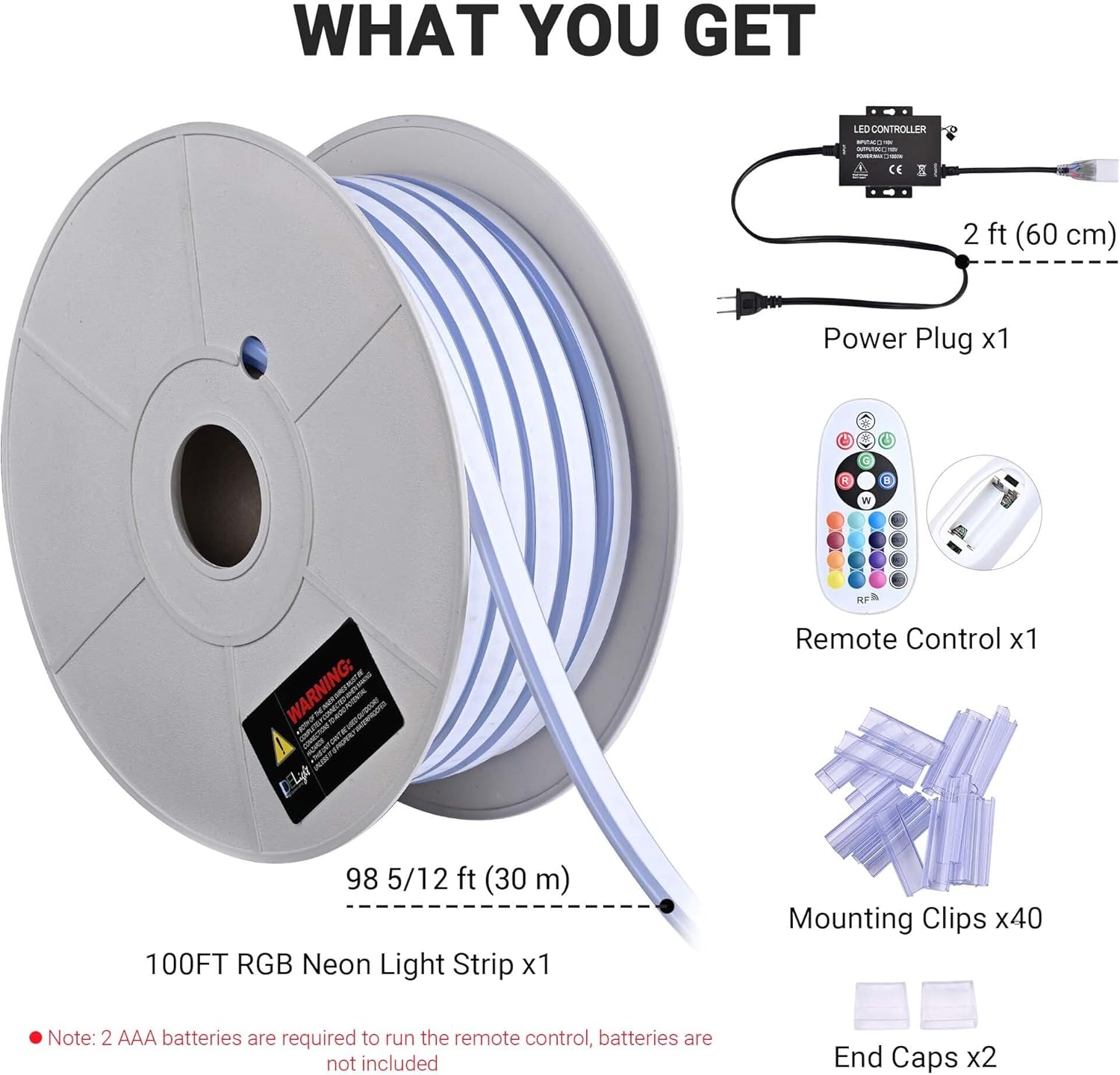 DELight AC 110-120V Waterproof IP65 Food Truck RGB 100ft Neon Rope Lights with Remote Control & APP Music Sync Dimmable Cuttable Flexible LED Strip Lights Outdoor DIY Project DEL-D100R