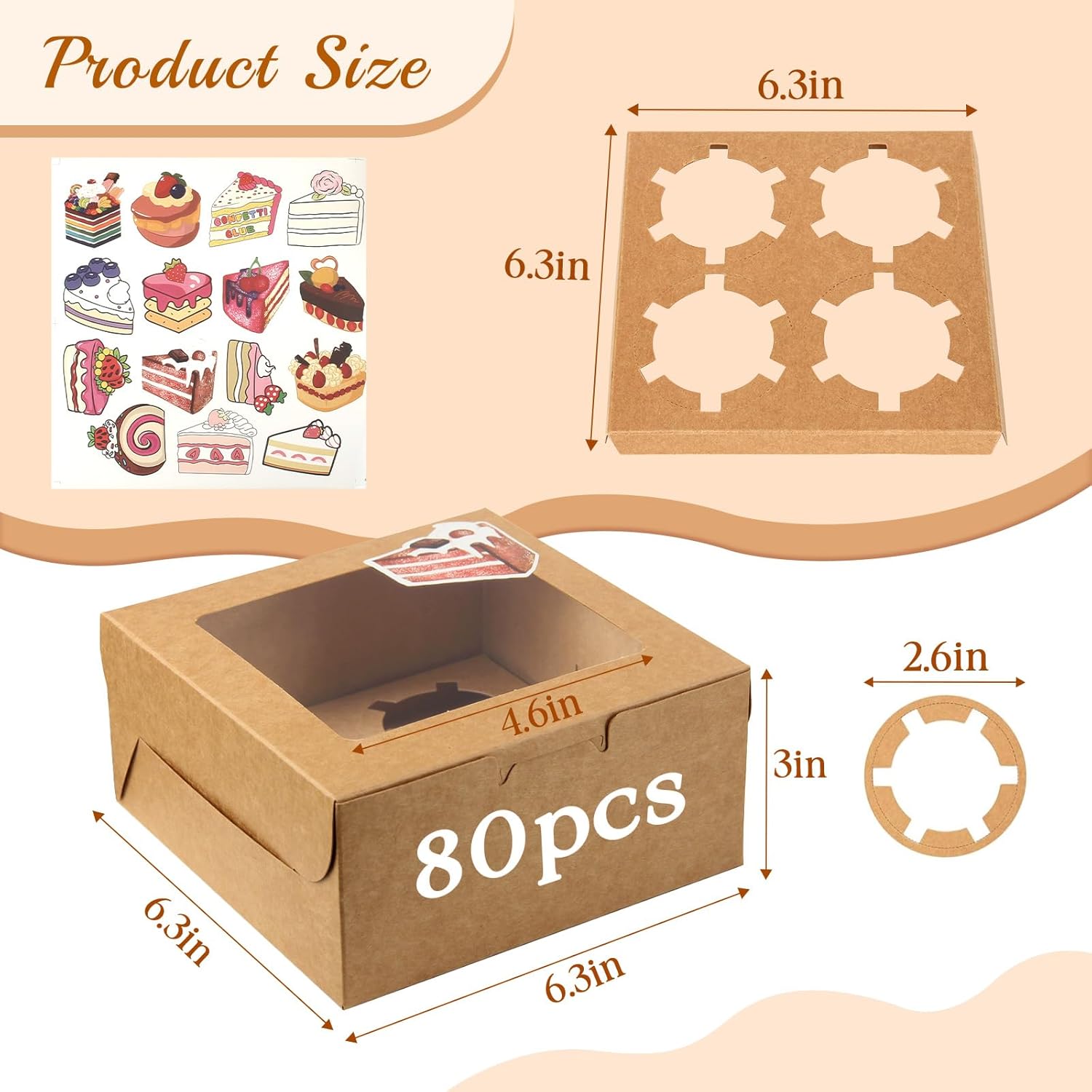 OCEG Cupcake Boxes with Window, 6x6x3 Inch Cookie Boxes, Brown Bakery