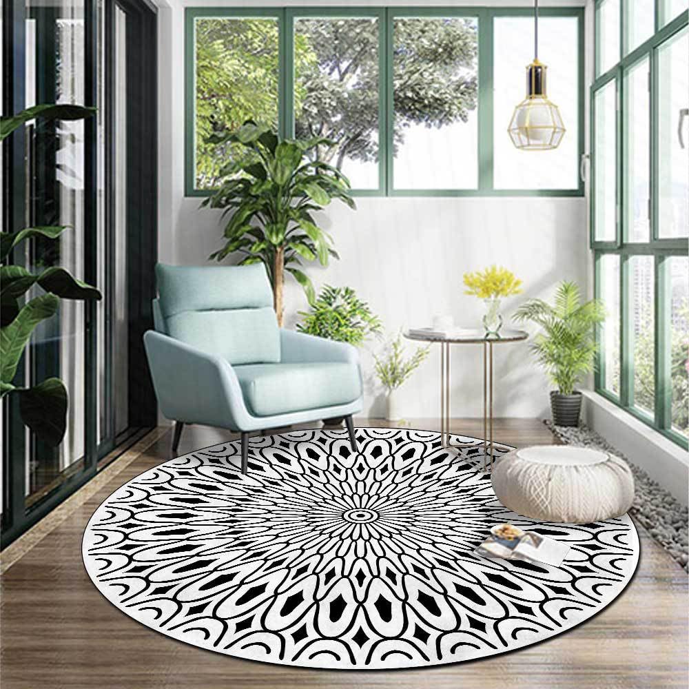 Tapis rond 180 cm noir au motif floral abstrait vintage pour salon moderne