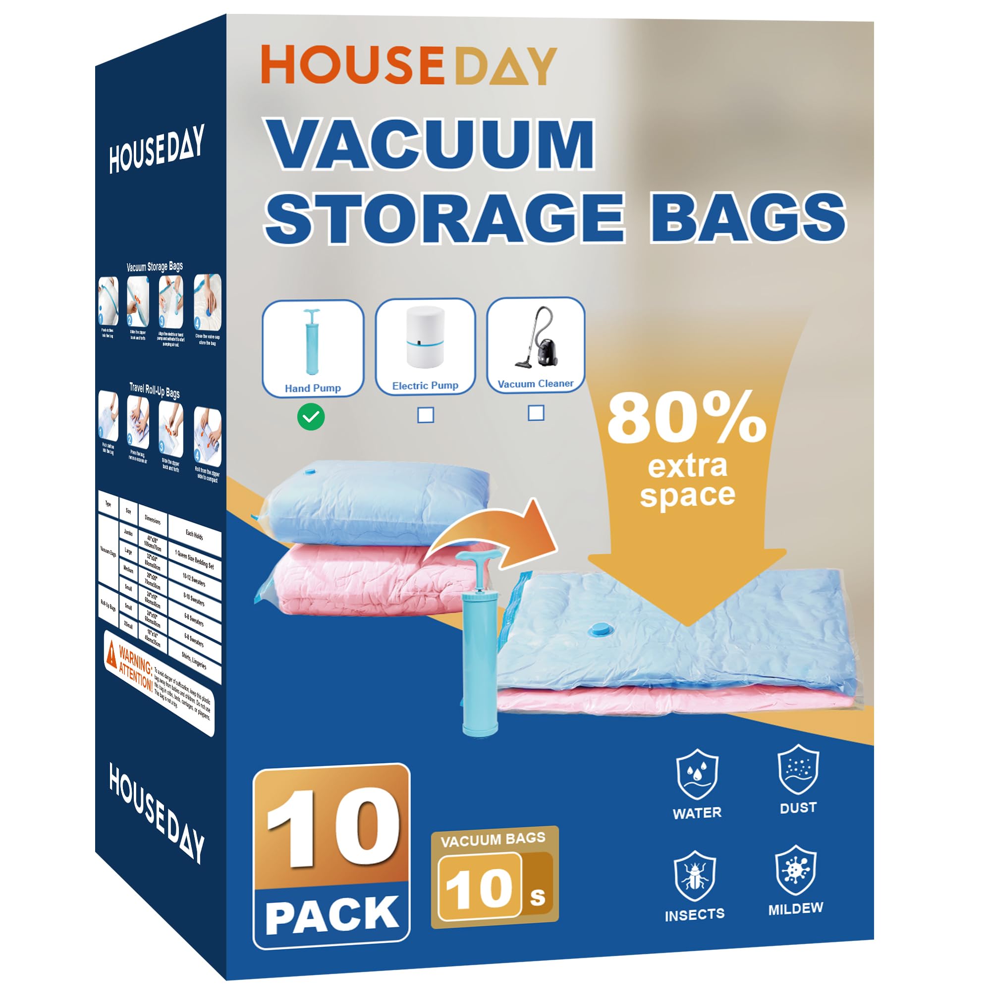 HOUSE DAY 10 piccoli sacchetti sottovuoto con pompa, sacchetti sottovuoto salvaspazio per abbigliamento da viaggio, sacchetti sottovuoto per vestiti, coperte, traslochi, campeggio, giocattoli