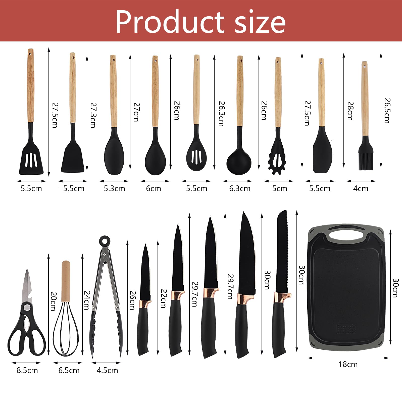 Set Coltelli da cucina, pacchetto di utensili da Cucina da 19 pezzi, comprende 5 coltelli e 13 utensili da Cucina in silicone, oltre a 1 scatola di stoccaggio (nero)