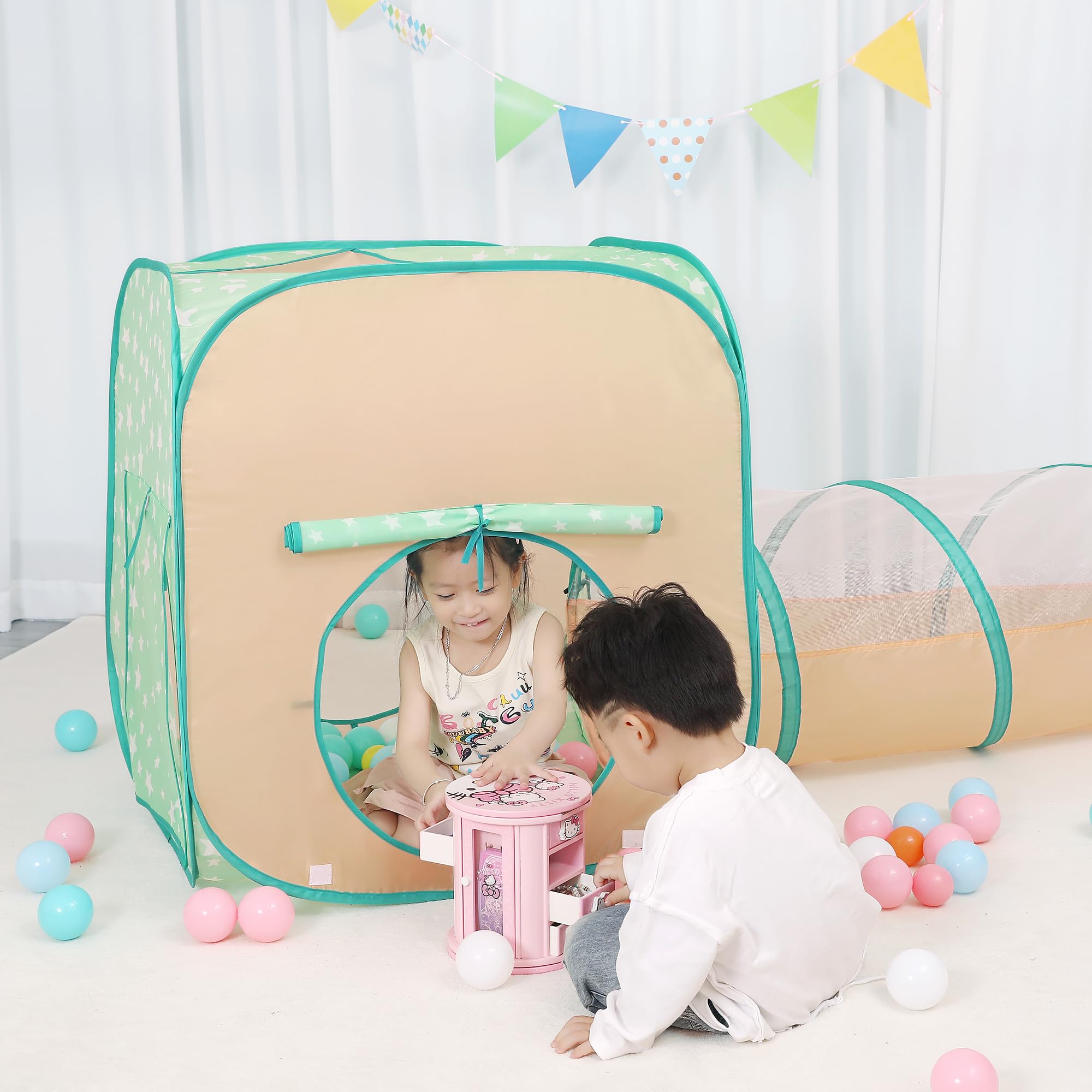 LimitlessFunN 5 in 1 Pop Up Kids Ball Pit Tents and Tunnels for Boys, Girls, Babies and Toddlers, Indoor/Outdoor Children Playhouse, Orange/Light Green - Image 3