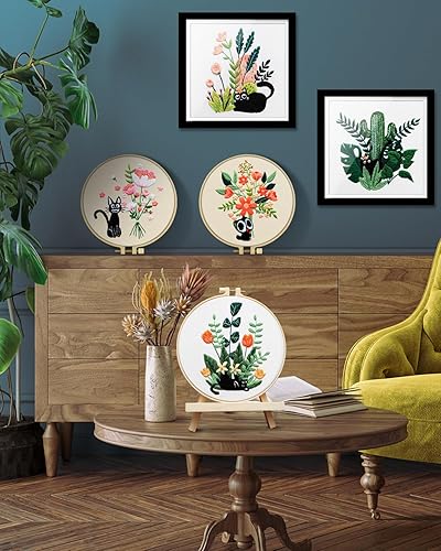 Miniatura 5 de Kit de bordado para adultos para principiantes, 5 juegos de bordado de gato negro y flores para principiantes, incluye aros de tela bordada, hilos