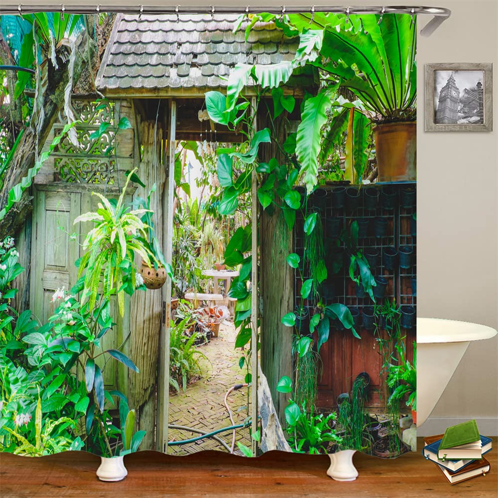 Jianglany 6 Tropical Plant Wooden Farmhouse Shower Curtain Green Banana Leaves Garden Landscape Bathroom Decor Waterproof Bath Curtains With Hooks 180X180cm (6)