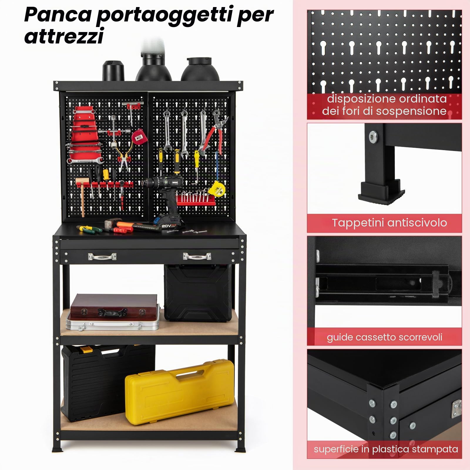 FANTASK Banco da lavoro alto 155 cm, banco attrezzi con parete forata e 13 accessori, tavolo da lavoro con cassetto