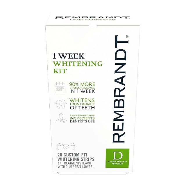 REMBRANDT Deeply White Peroxide 1 Week Teeth Whitening Kit Removes Tough Stains Enamel-Safe 28 Custom-Fit Whitening Strips 14