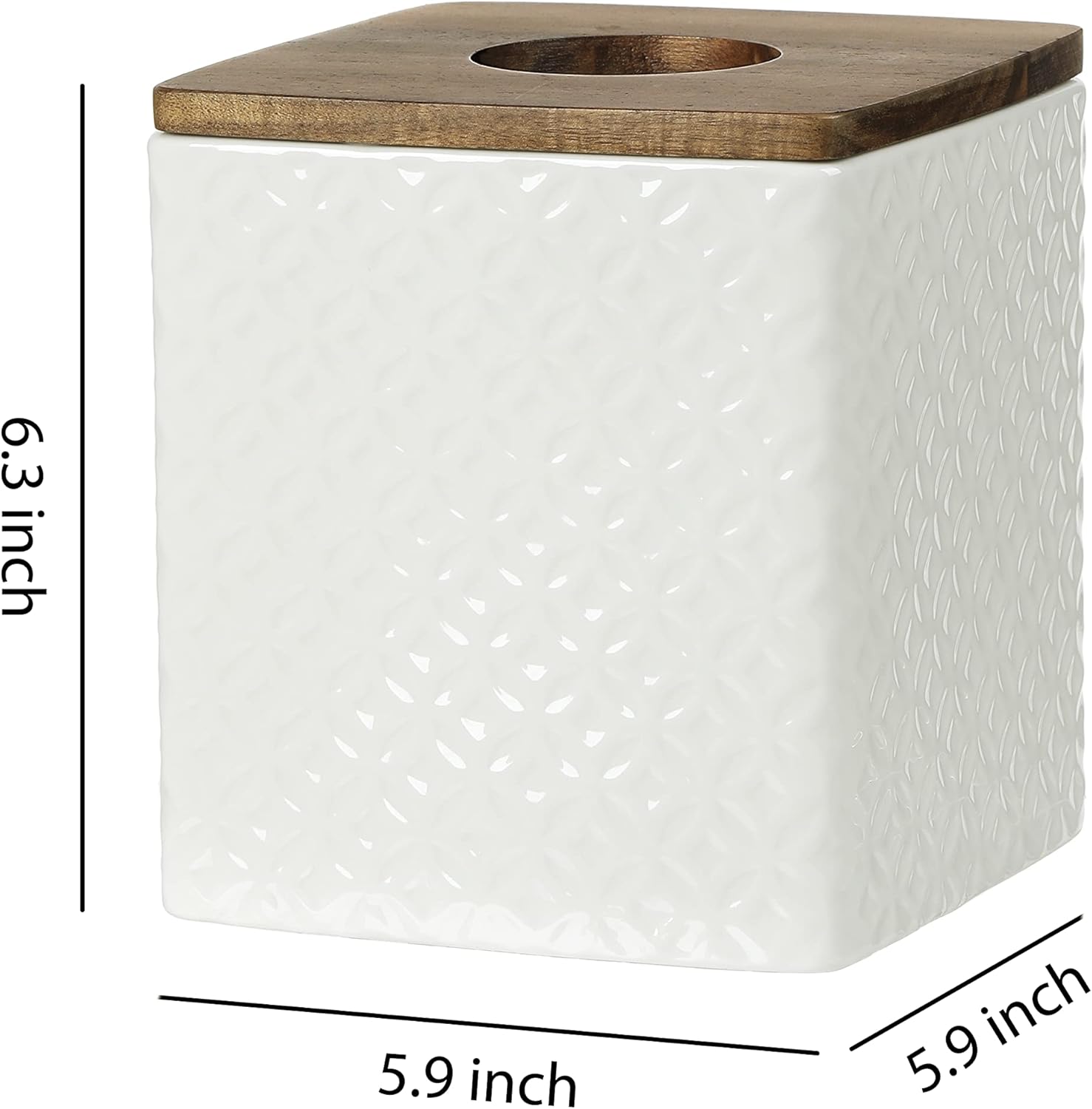 Bathroom Accessories - Ceramic Tissue Holder with Wooden Lid, Decorative Square Tissue Cover Box (White and Beige)