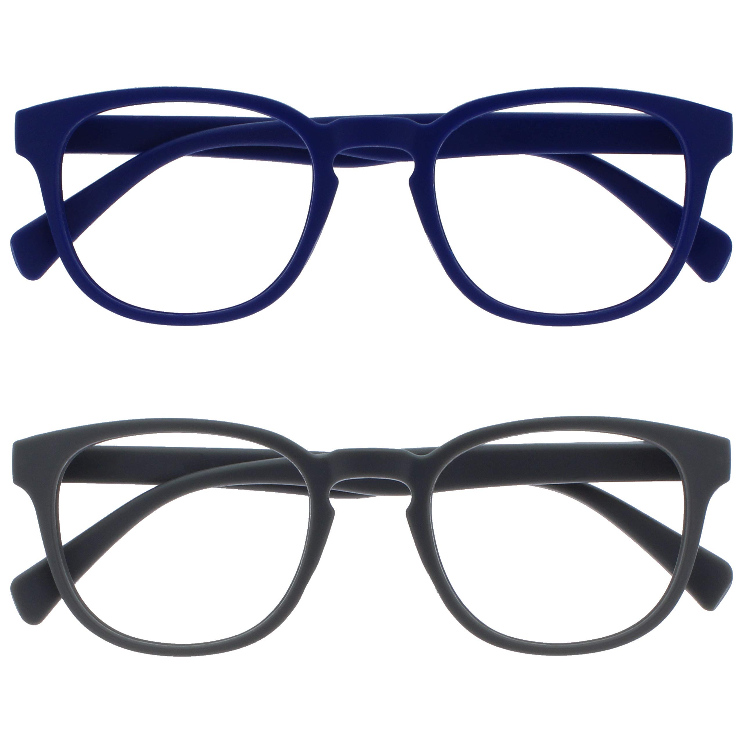 OPULIZE POP Reading Glasses for Women Men,Scratch Resistant Round Matt Frame with Spring Hinges, Blue, Grey +2.00 (Pack of 2)
