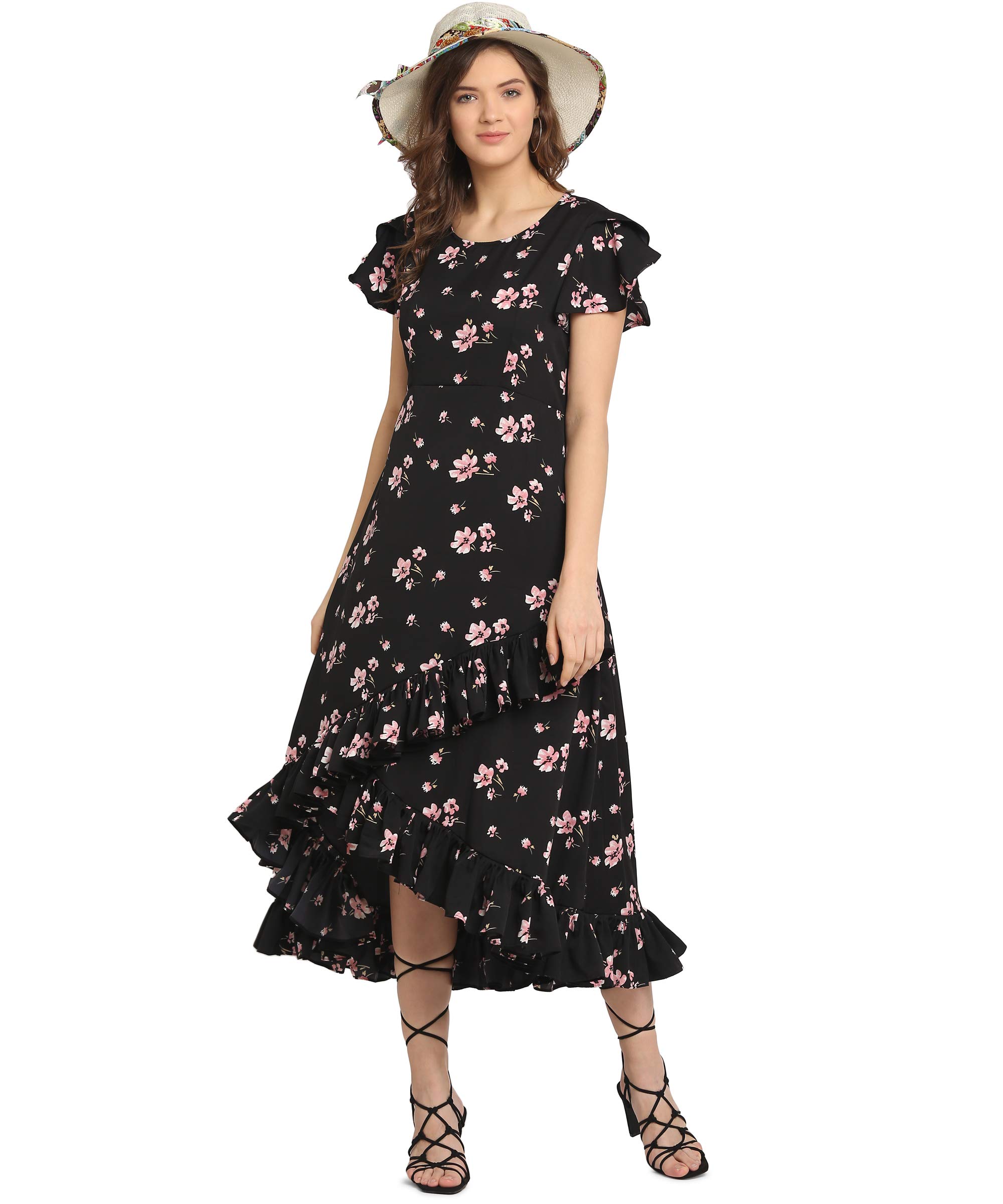 OOMPH! Dress for Women Stylish| Summer Vacation Style |Floral Print Wrap Maxi |Lightweight Flared Maxi Dress for Casual & Holiday Wear Jet Black 3