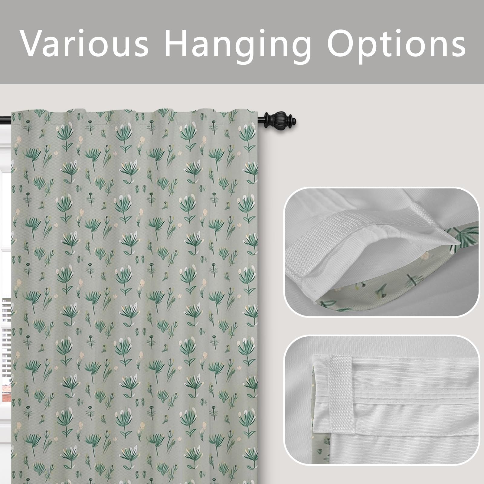 GGAIMWF Flower Curtains for Bedroom Farmhouse, Modern Living Room, Kitchen, Dining Room, Patio, Leaf Green, 107x160cm - Image 3