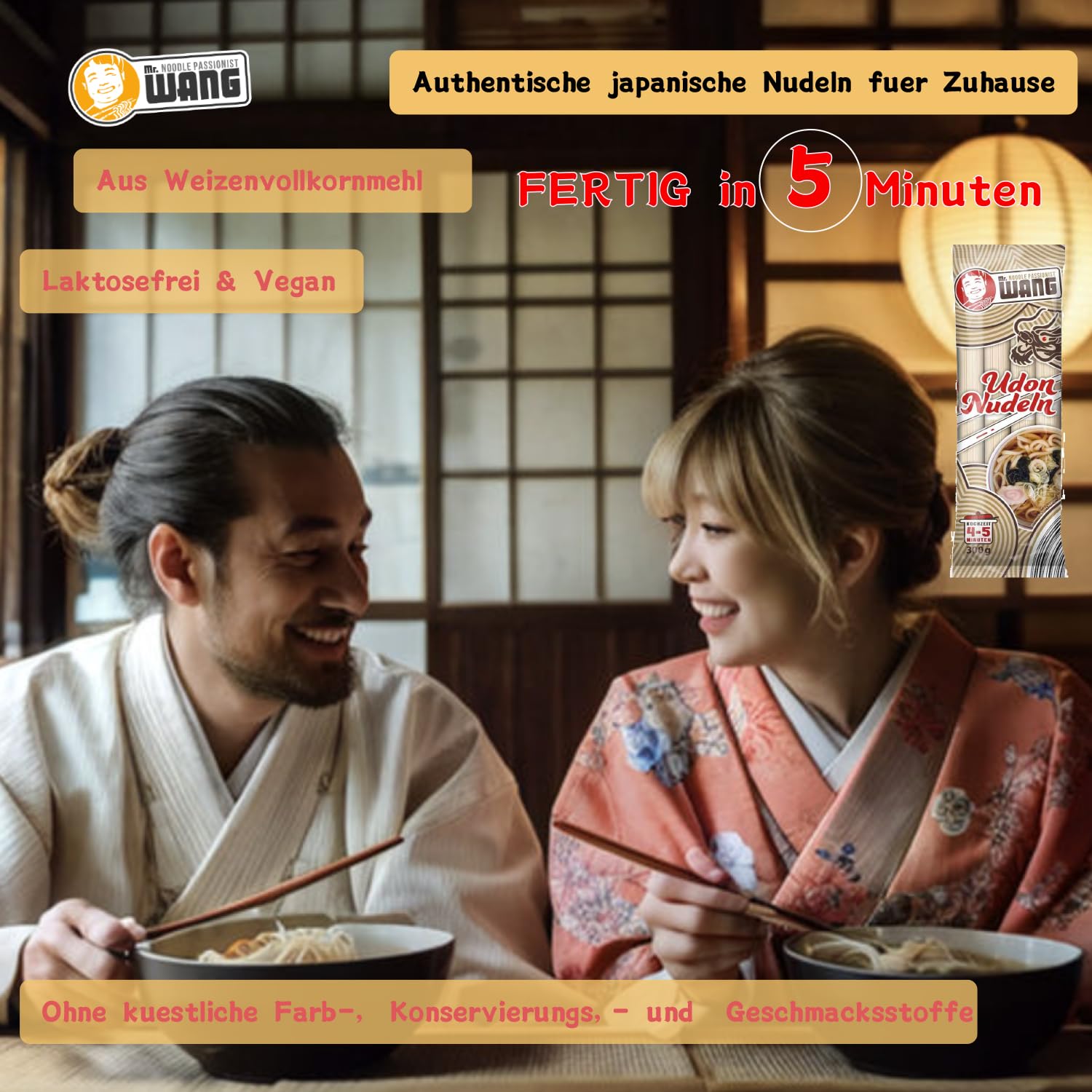 Mr. WANG Udon Pasta di grano giapponese per zuppe, insalate, ciotole e piatti wok