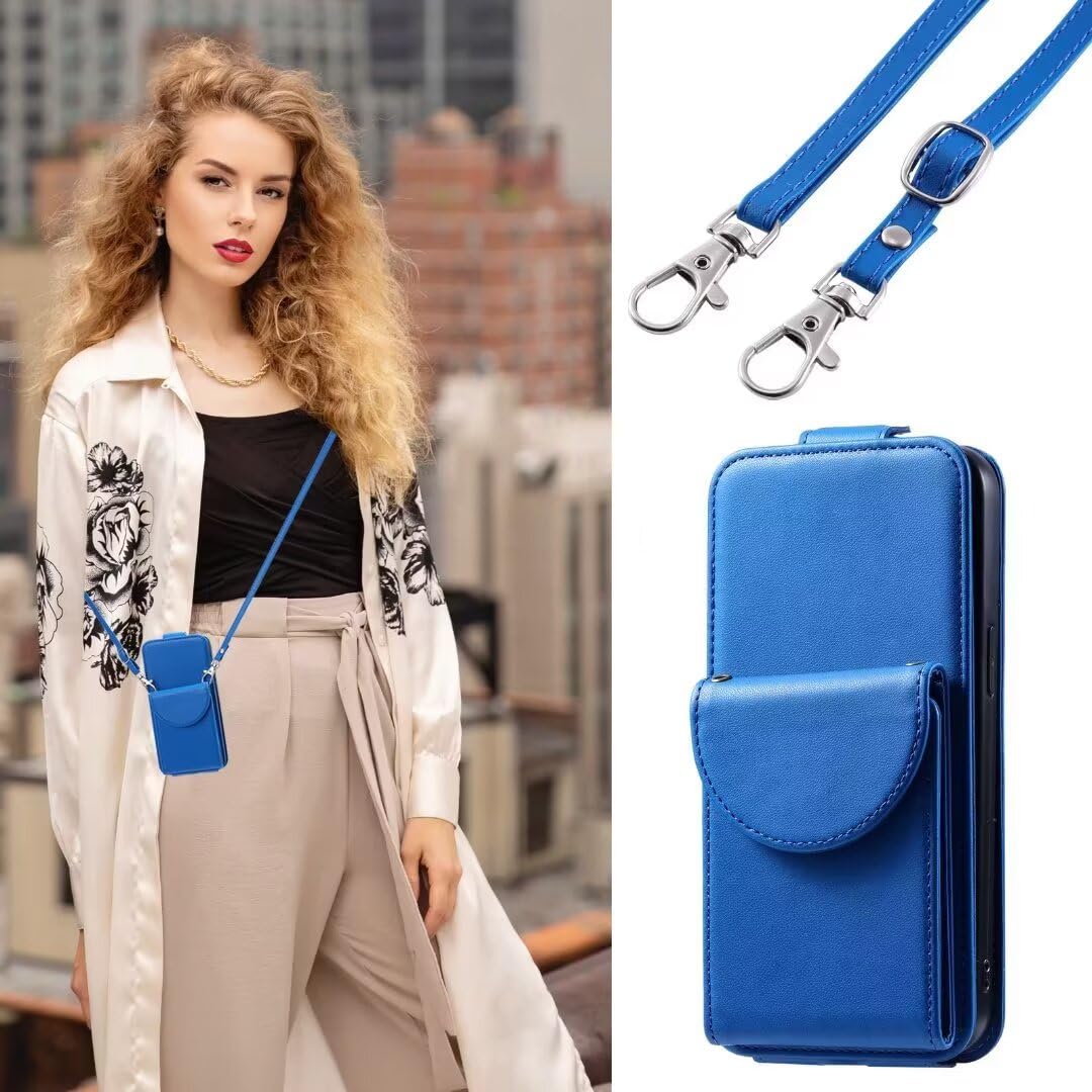 Handykette für Samsung Galaxy M55 Hülle Necklace Leder Handyhülle für Samsung Galaxy M55 Handytasche Flip Schutzhülle für Samsung M55 Hülle Klappbar Lederhülle Standfunktion klapphülle blau