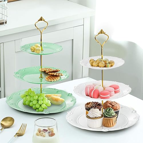 Miniatura 6 de Fasmov Paquete de 3 soportes de plástico para cupcakes de 3 niveles, platos de postre para tartas, frutas, dulces, torre de exhibición reutilizable