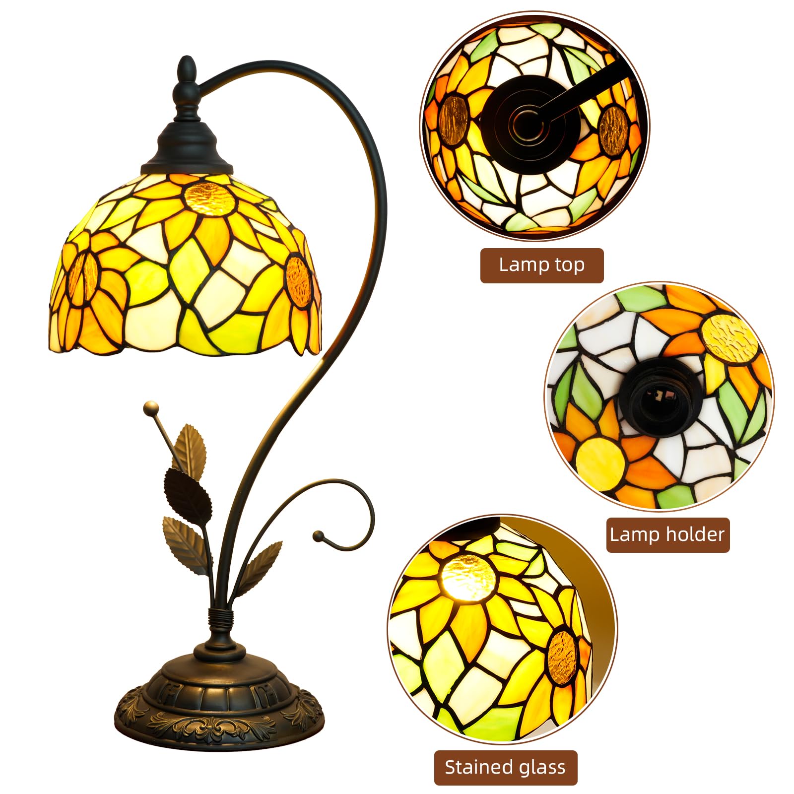 Tiffany Tischlampe Sonnenblume Gelb Glasmalerei Lampe Tiffany Stil S Blätter Vintage Schreibtisch Licht für Nachttisch Wohnzimmer Büro Schlafsaal Esszimmer