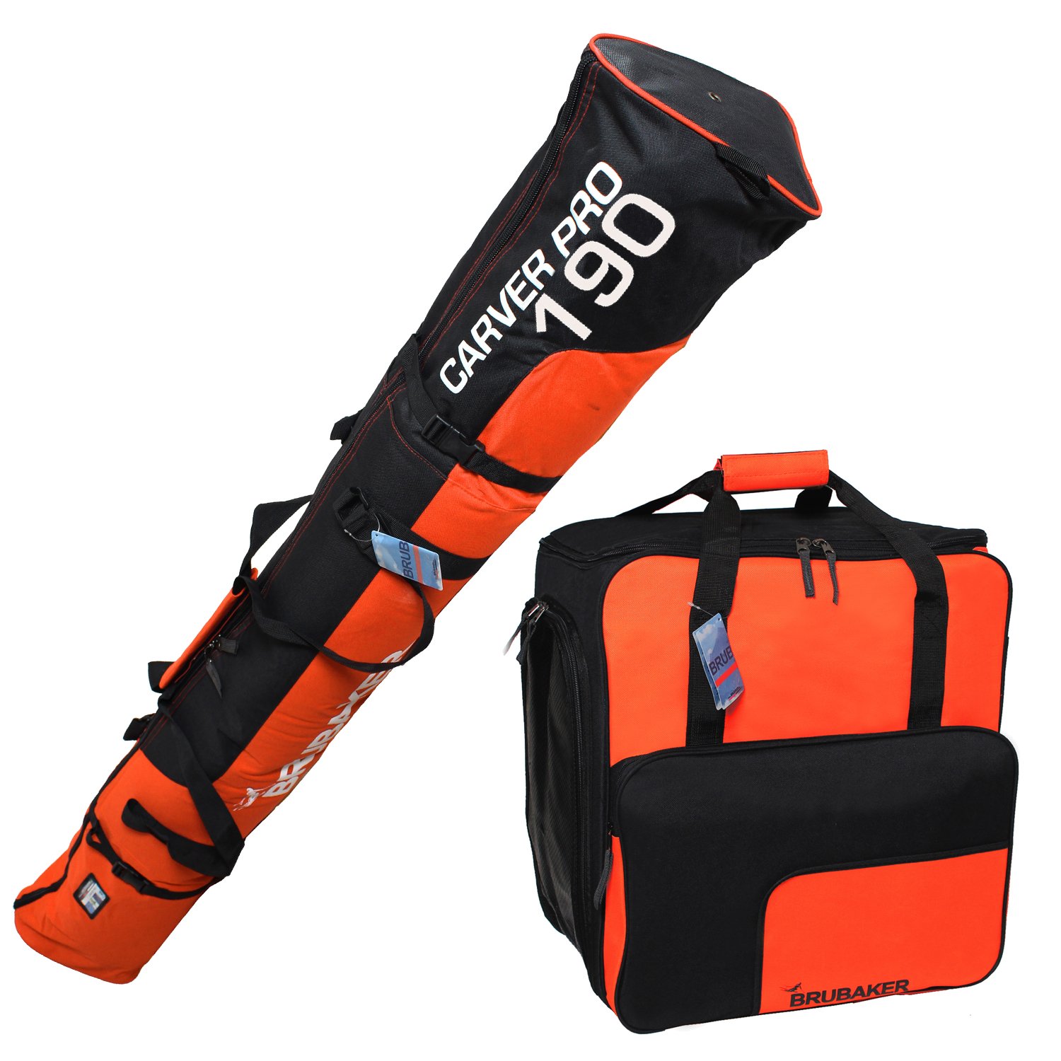 Brubaker Lot avec Un Sac à Skis et Un Sac à Chaussures de Ski, pour Une Paire de Ski Jusqu’à 190 cm + bâtons + Chaussures + Casque, Noir/Orange