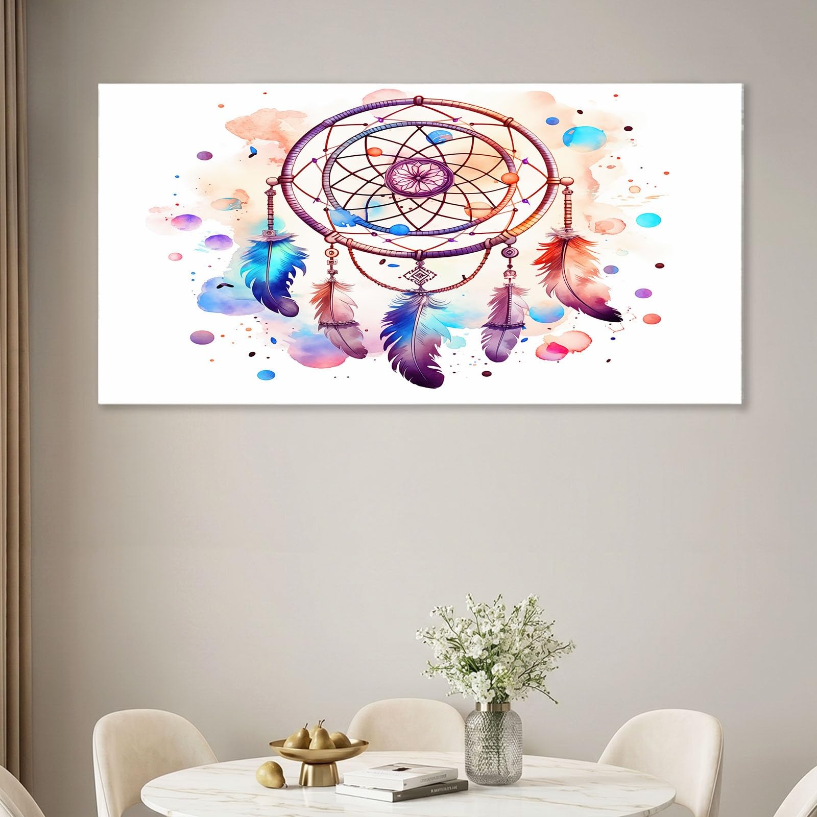 Leinwandbild Bilder 90 x 60 cm Bohème Wanddeko, Weiß Traumfänger Feder Kunstdruck, Wandbilder für Wohnzimmer, Schlafzimmer & Esszimmer
