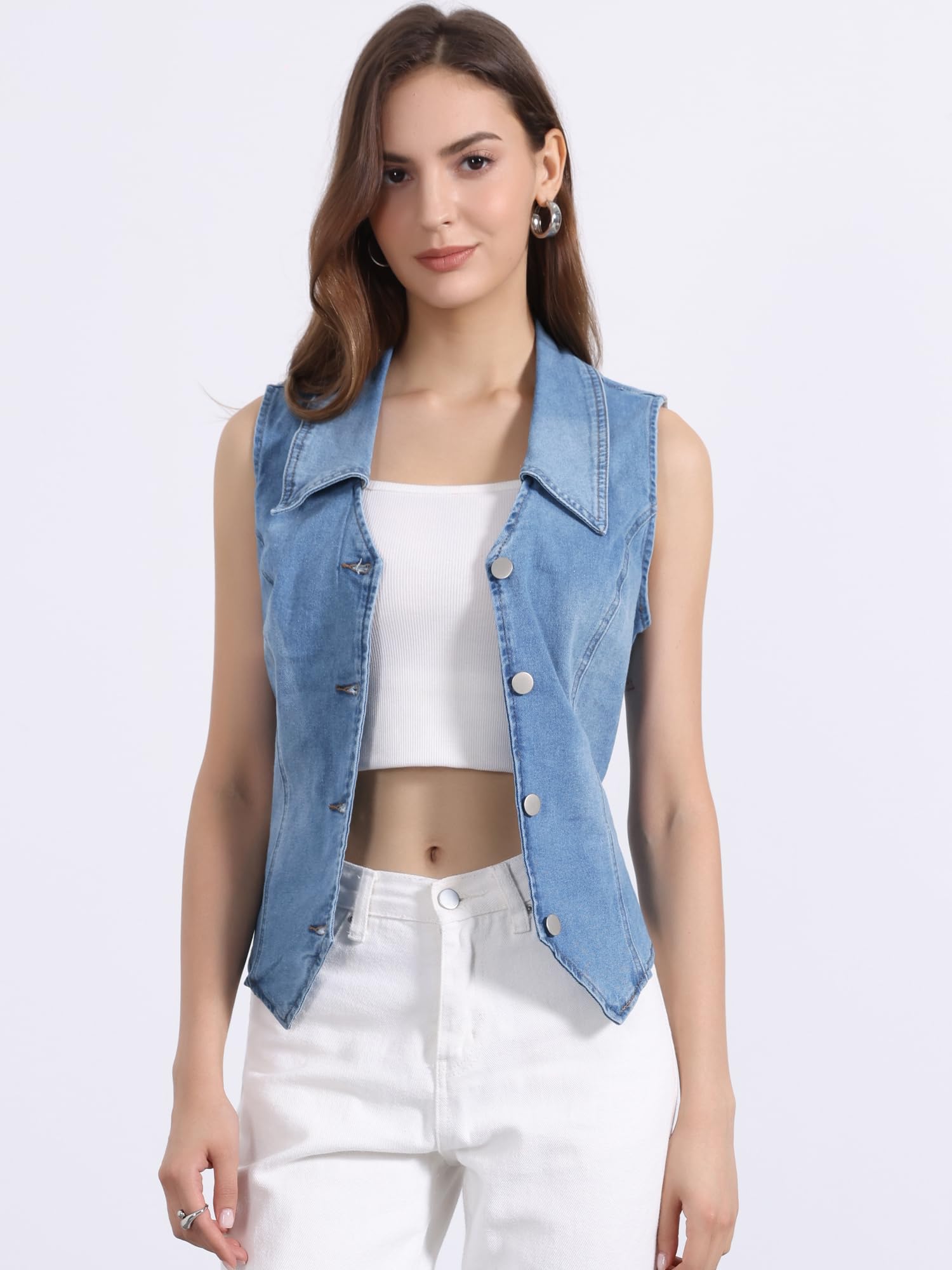 Allegra K Chaleco Vaquero Para Mujer Sin Mangas Con Cuello En V Abotonado Chaleco Corsé Bustier Chaqueta Vaquera
