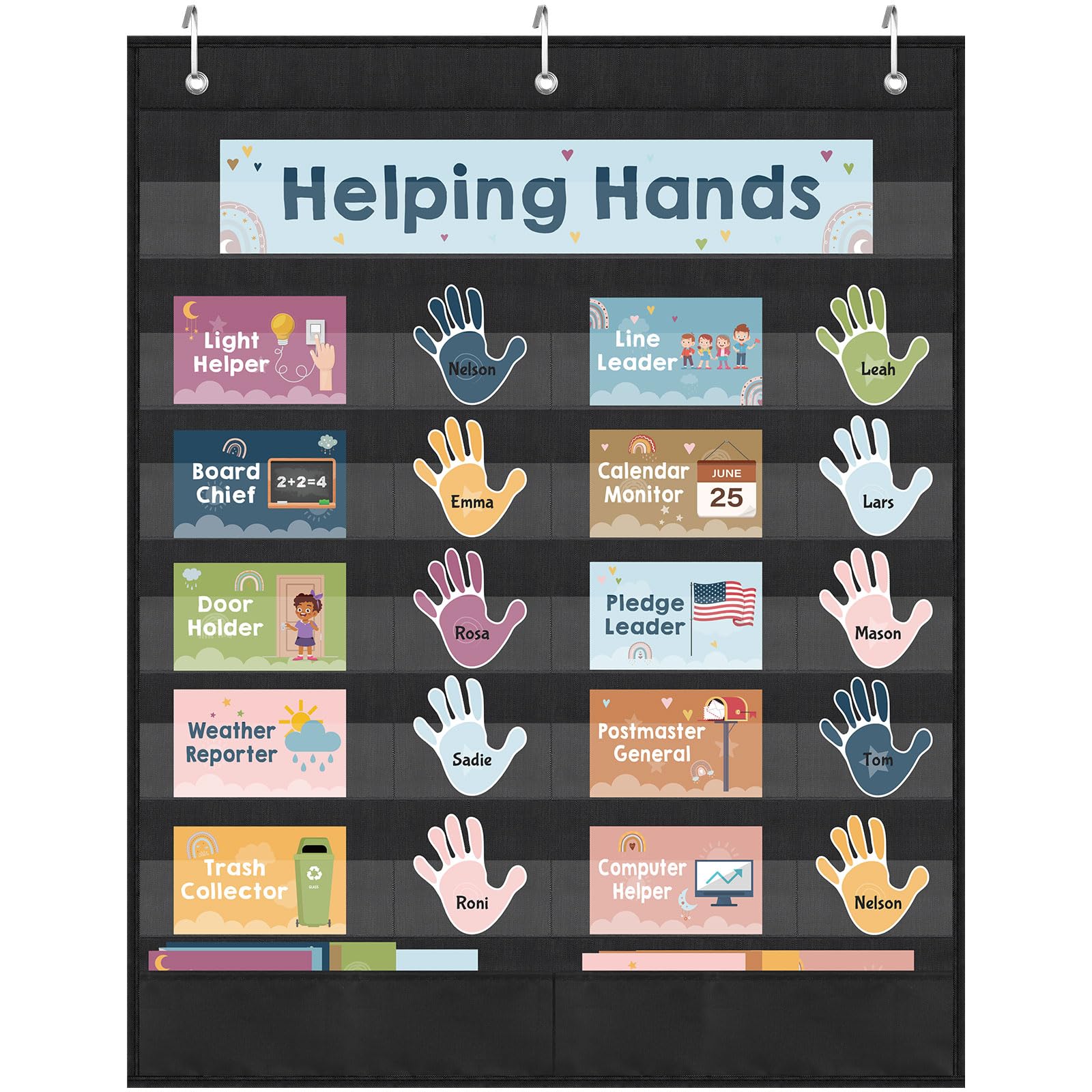 Pasimy 62 Pcs Helping Hands Pocket Chart Classroom Jobs Cards for Classroom with Hooks 25.6 x 22 in Class Pocket Chart Teacher Helper Class Management Educational Pocket Chart for Preschool Classroom