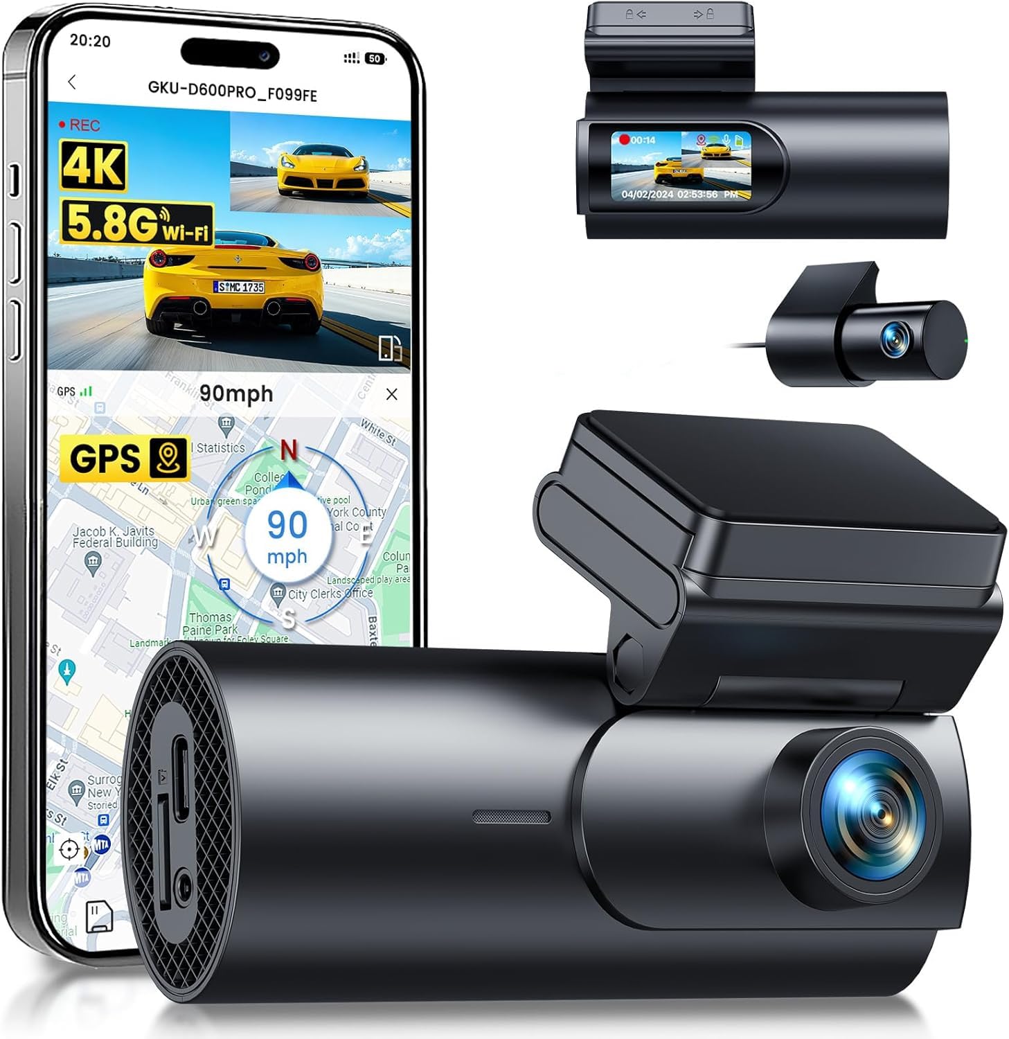 GKU 4K Dash Cam Front and Rear, 5GHz WiFi GPS, Dual Car Camera, 1.5” IPS | Mini Dashcam for Cars, 24H Parking Mode, Night Vision,WDR,170° Wide Angle,G-Sensor,App Control,SD Card Not Included