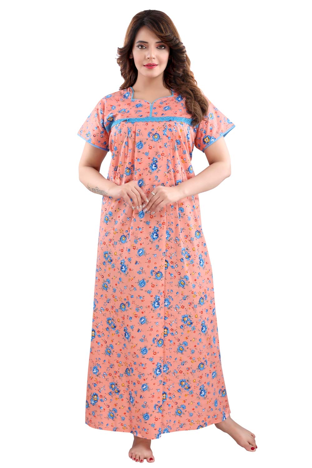 FabmeWomen's Pure Cotton Floral Regular Floor Length Nighty ( NW0249, Orange, Medium, Bust 42)