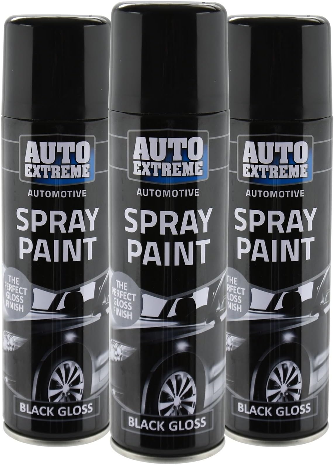 All Purpose Automotive Spray Paint 250ml Can Black Gloss Finish Aerosol Metal Interior Exterior Fast Dry Excellent Coverage Adhesion - 3 Pack
