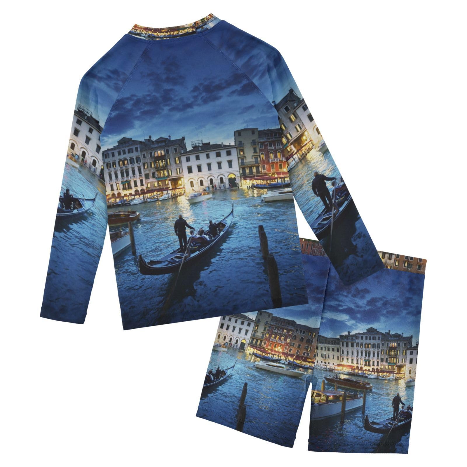 Aflyko Kids' Bathing Suit Set Venice Italy View Long Sleeve Swim Tops with Shorts Summer Vacation Pool Party Rashguard Fun Cute Infant Beachwear, 4T Multicoloured