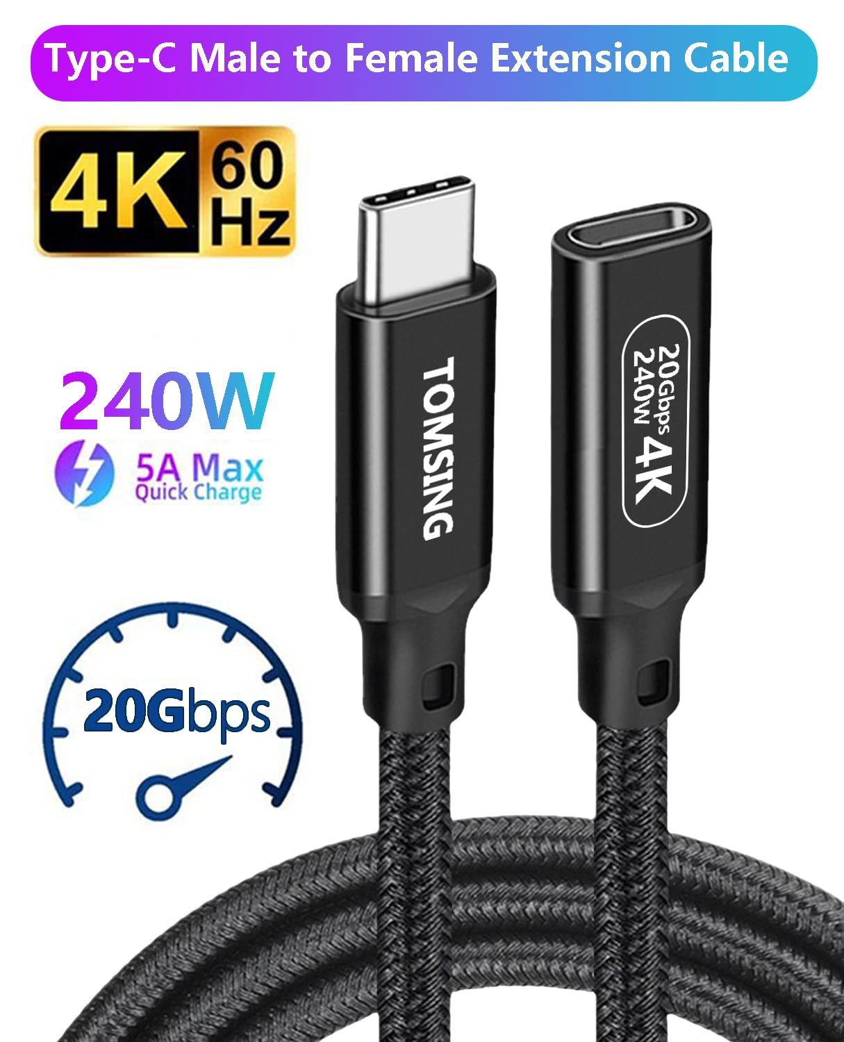 Cavo di prolunga USB C da 240 W, 20 Gbps, 4 K a 60 Hz, extra lungo, USB 3.2 tipo C maschio a femmina, prolunga per ricarica e sincronizzazione per smartphone, tablet, laptop, PlayStation, Xbox