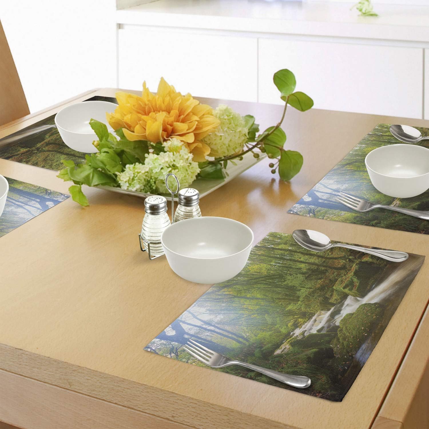 Ambesonne Woodland Place Mats Set of 4, Forest Scene at Golitha Falls Nature Reserve on The River Fowey Cornwall England, Washable Fabric Placemats for Dining Room Kitchen Table Decor, Green Brown