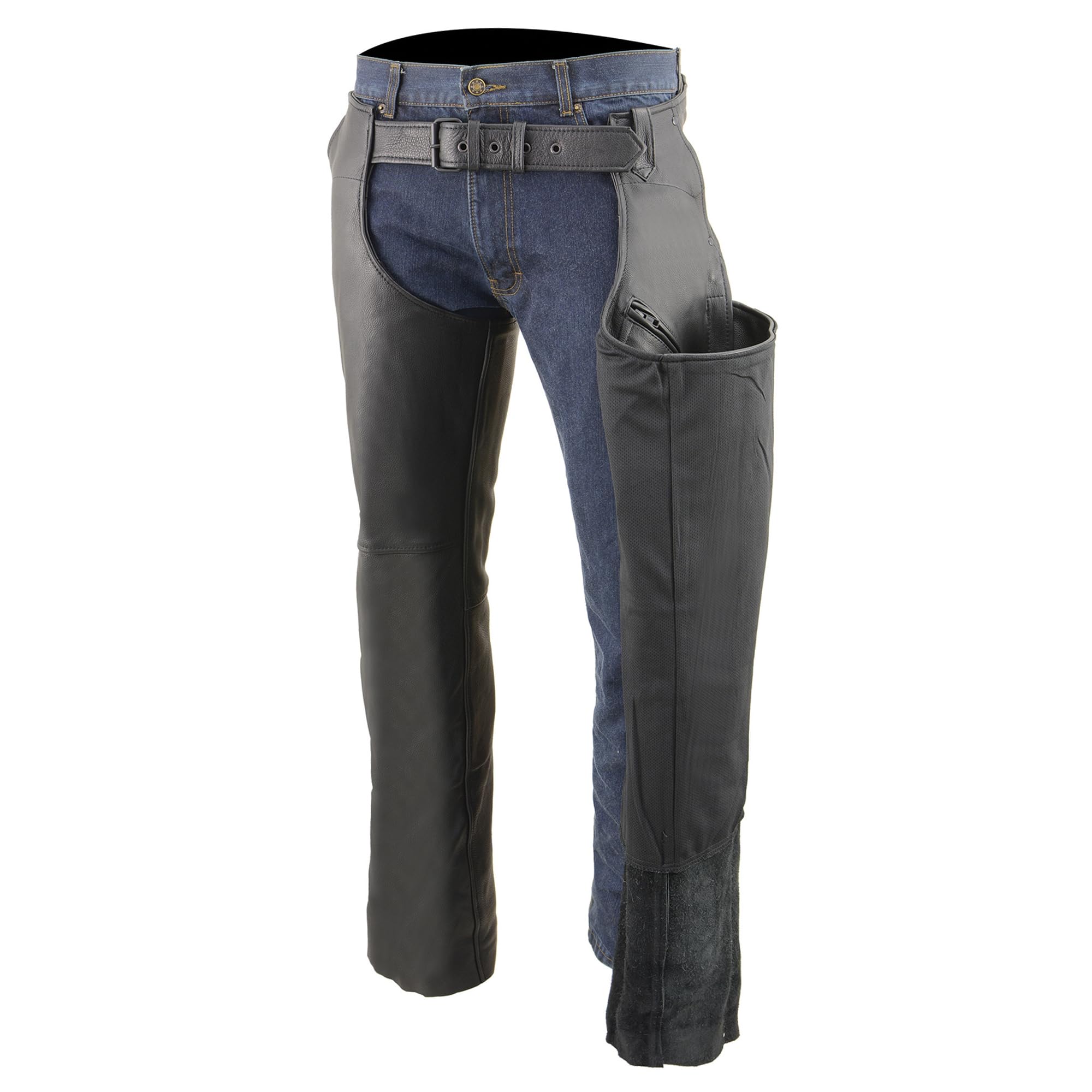 Milwaukee Leather ML1766 Chaps for Men's Black Naked Leather Front 3-Pockets - Thigh Patch Pocket Motorcycle Chap (Black, XS (22