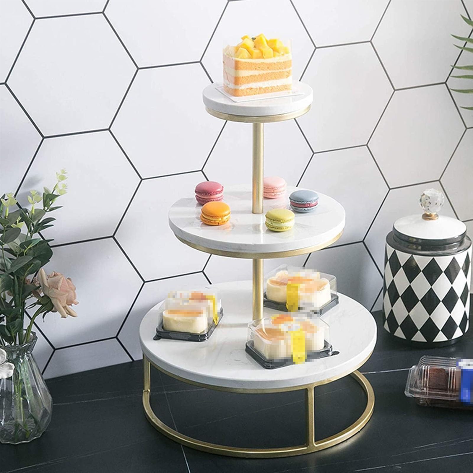 Alzata rotonda per cupcake con struttura in metallo dorato, vassoi da portata a più livelli, alzata per feste di nozze