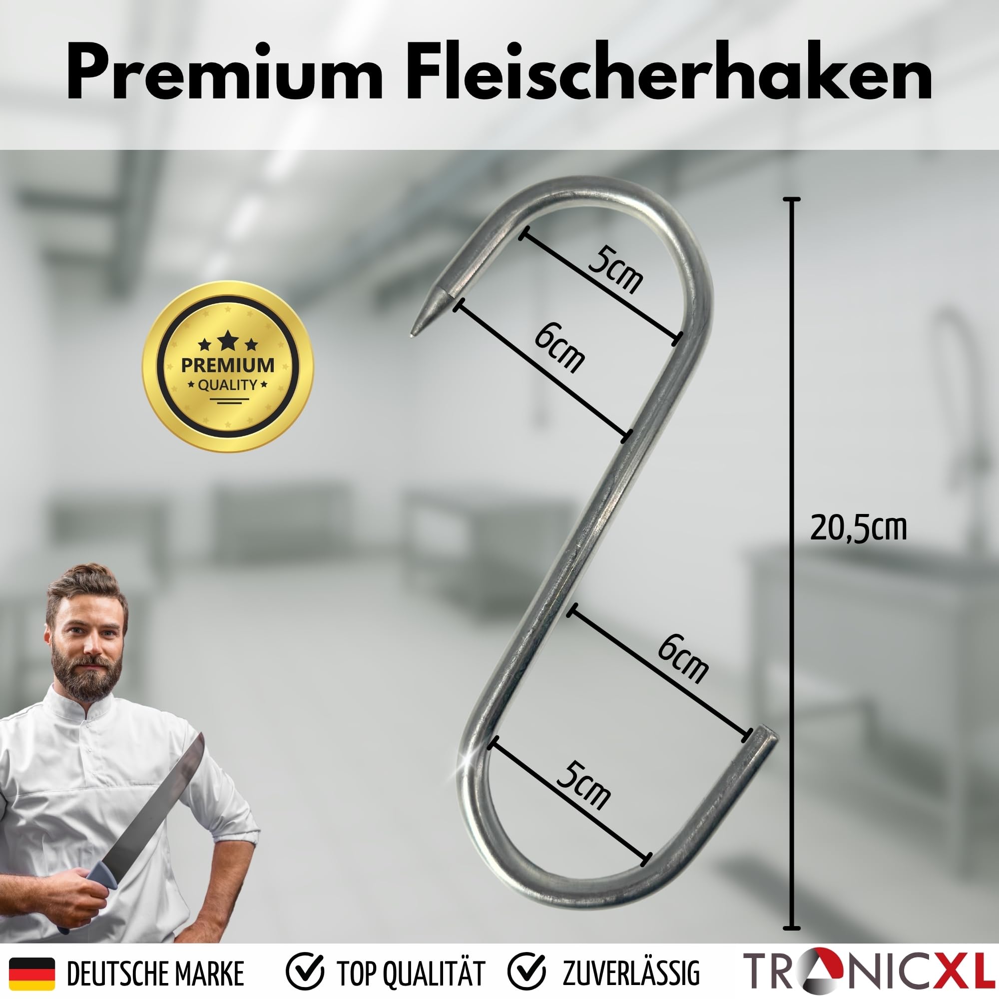 TronicXL Premium - Gancio a S in acciaio inox, 200 mm x 10 mm, per macellaio e affumicatore