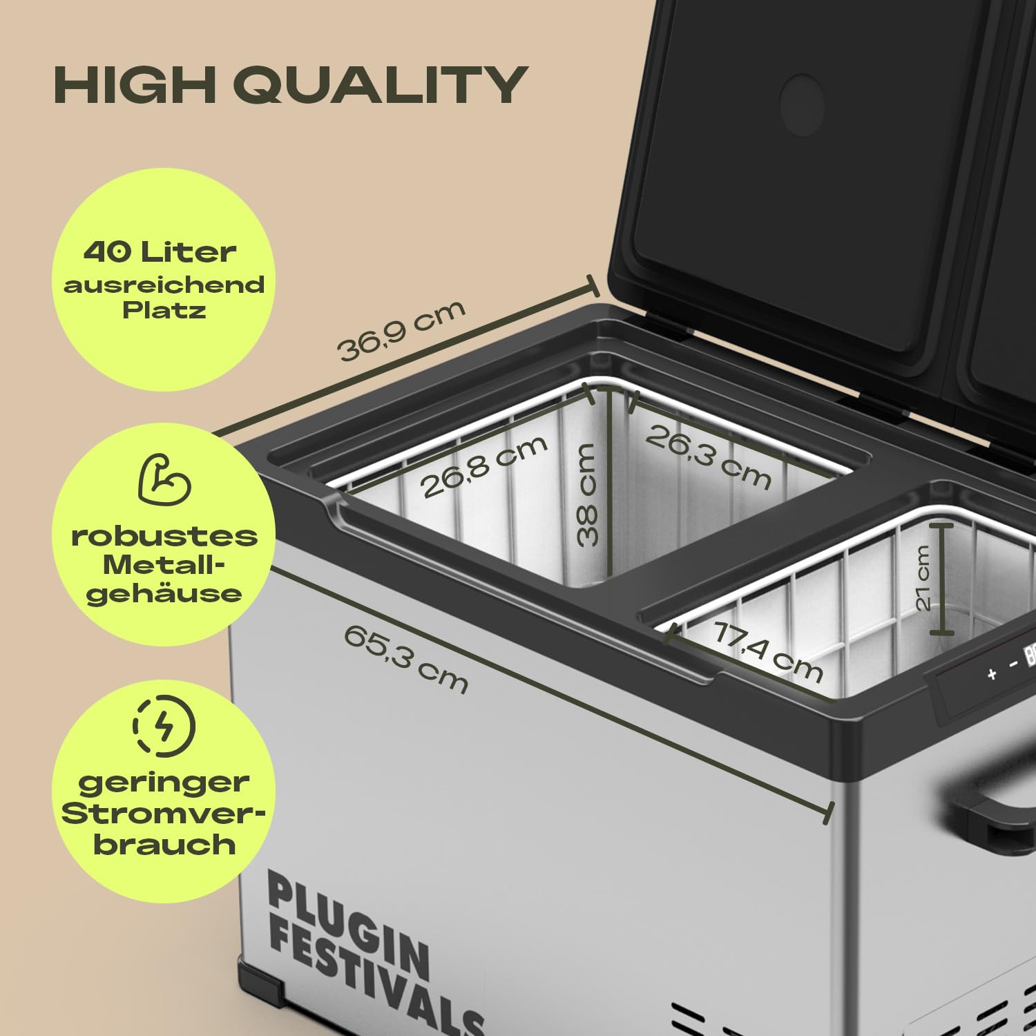 PLUG IN FESTIVALS elektrische Kühlbox - 2 Fächer Kompressor Kühlbox 12v 230v - bis -20 Grad & App-Steuerung - Gefrierbox Auto & Camping - DUAL Ice Cube elektrisch (38 Liter)