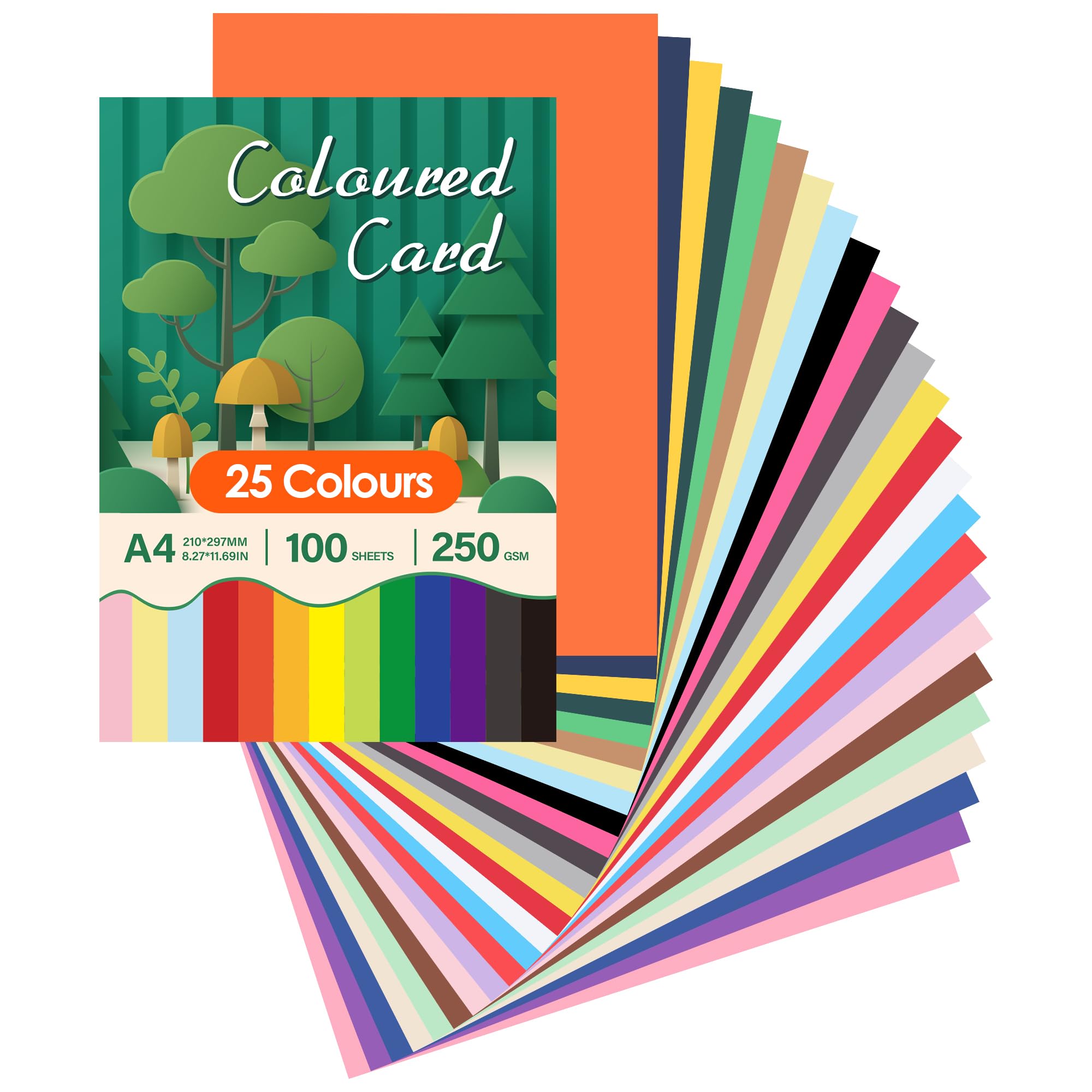 Aodaer 100 Sheets Coloured Cards, A4 Coloured Card Stock, 250 GSM Thick Multicoloured Card Paper, 25 Assorted Colors Handmade Origami Paper for DIY Crafting Scrapbooking Office Printing