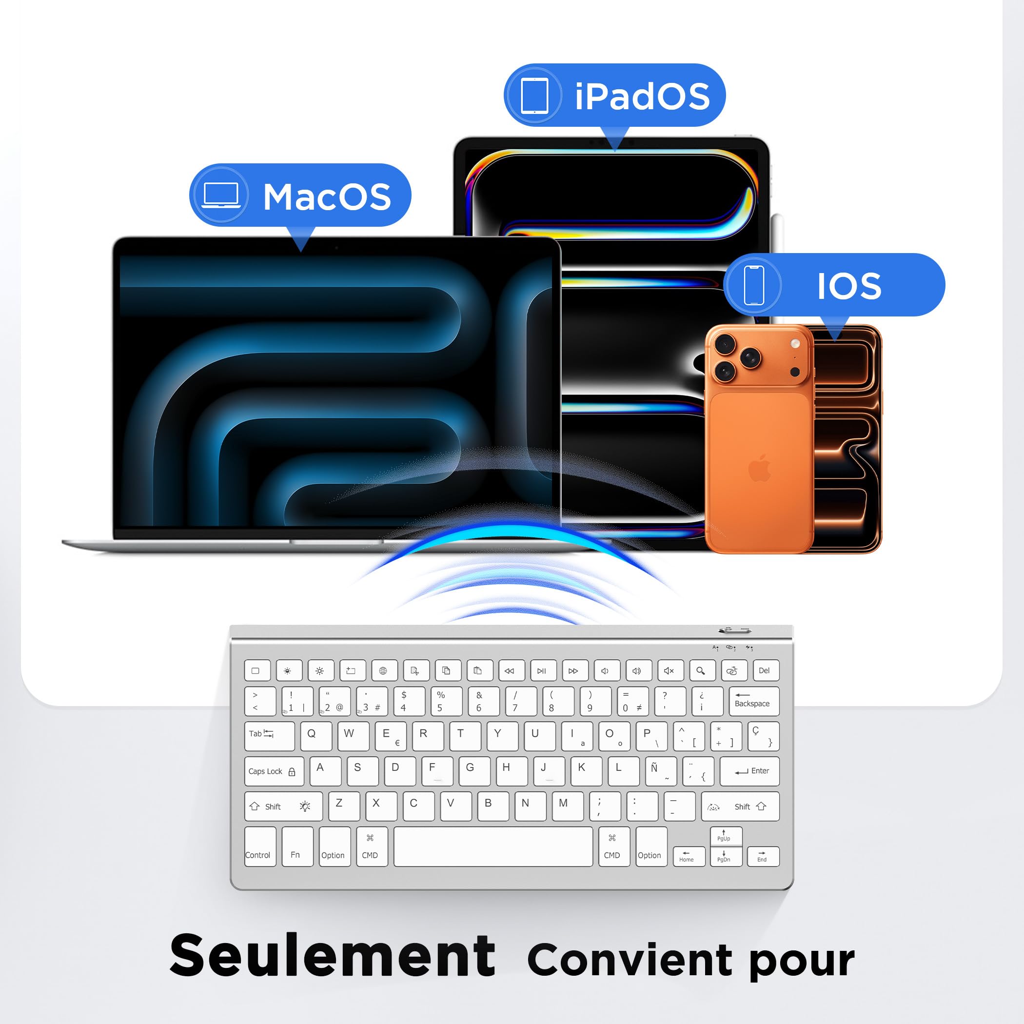 CACOE Clavier Bluetooth pour MacOS, iPadOS et iOS, Éclairage 7 Couleurs, Bluetooth 3 Canaux, pour iPad 10e Génération/iPad Air/Pro/Mac Mini, AZERTY Clavier Mac, Argent