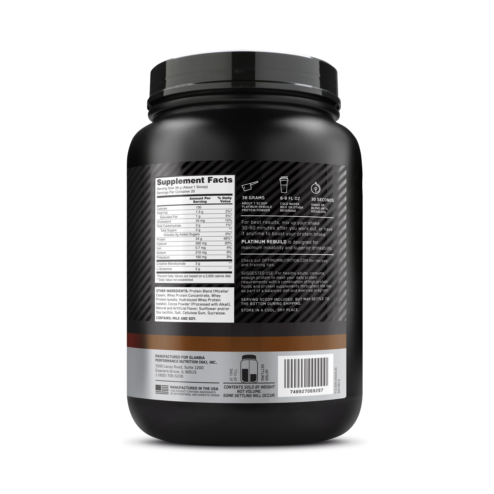 Optimum Nutrition Platinum Rebuild, Premium Platinum Blend Protein Powder with Creatine Monohydrate, Dark Chocolate, 20 Servings