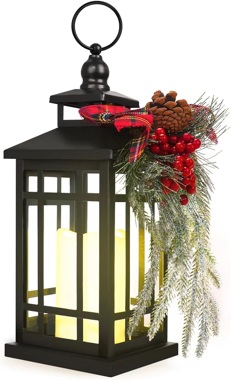 metal christmas decorative candle lantern with led light,red plaid ribbon,lighted hanging vintage lanterns for home decor table fireplace porch indoor outdoor decorations,serpro red ribbon