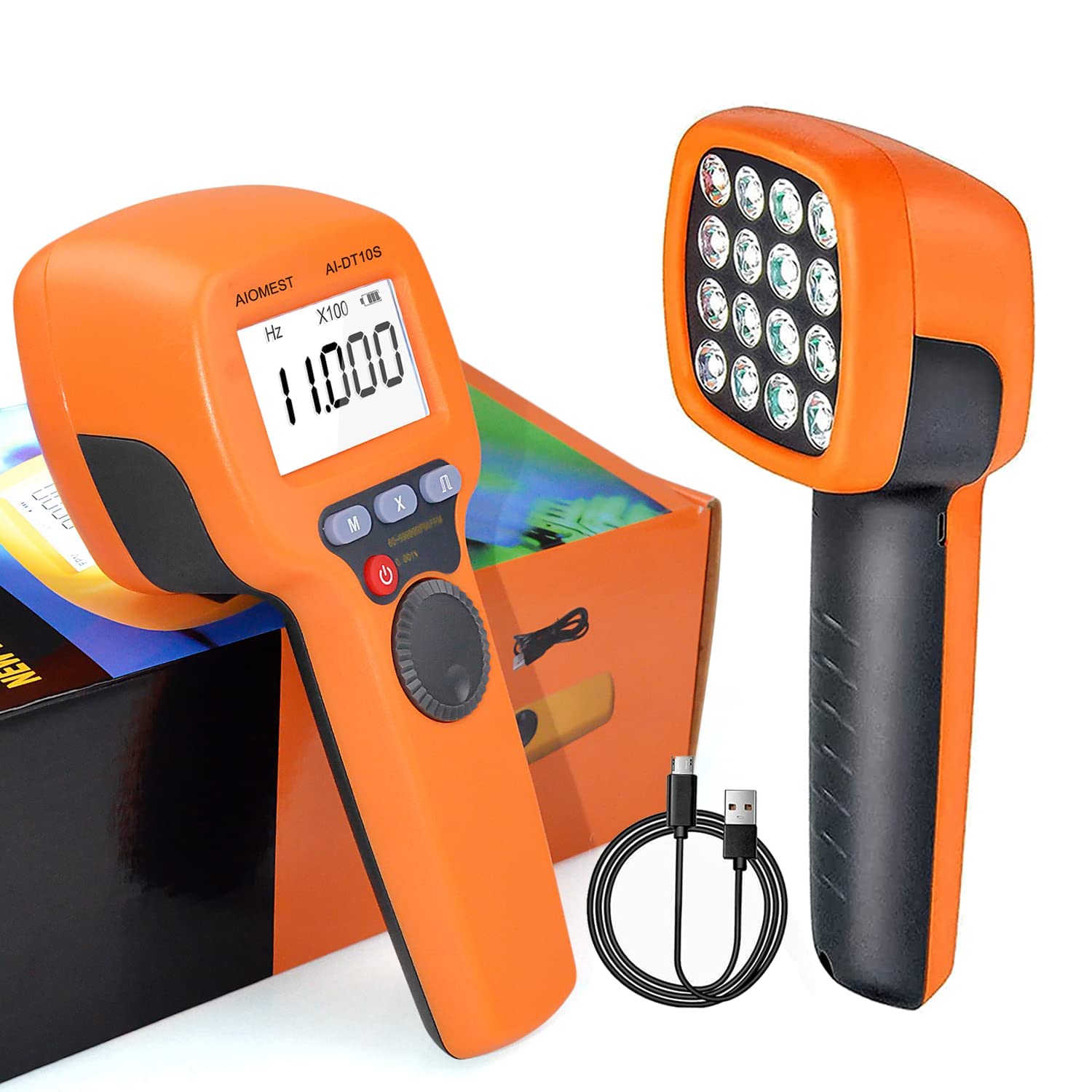 Estroboscopio RPM Digital LED - AIOMEST Medidor RPM/Hz 60~99999 - Tacómetro Sin Contacto con Luz Estroboscópica Ajustable para Probador Velocidad del Motor del HVAC - Alta Precisión 0,001%