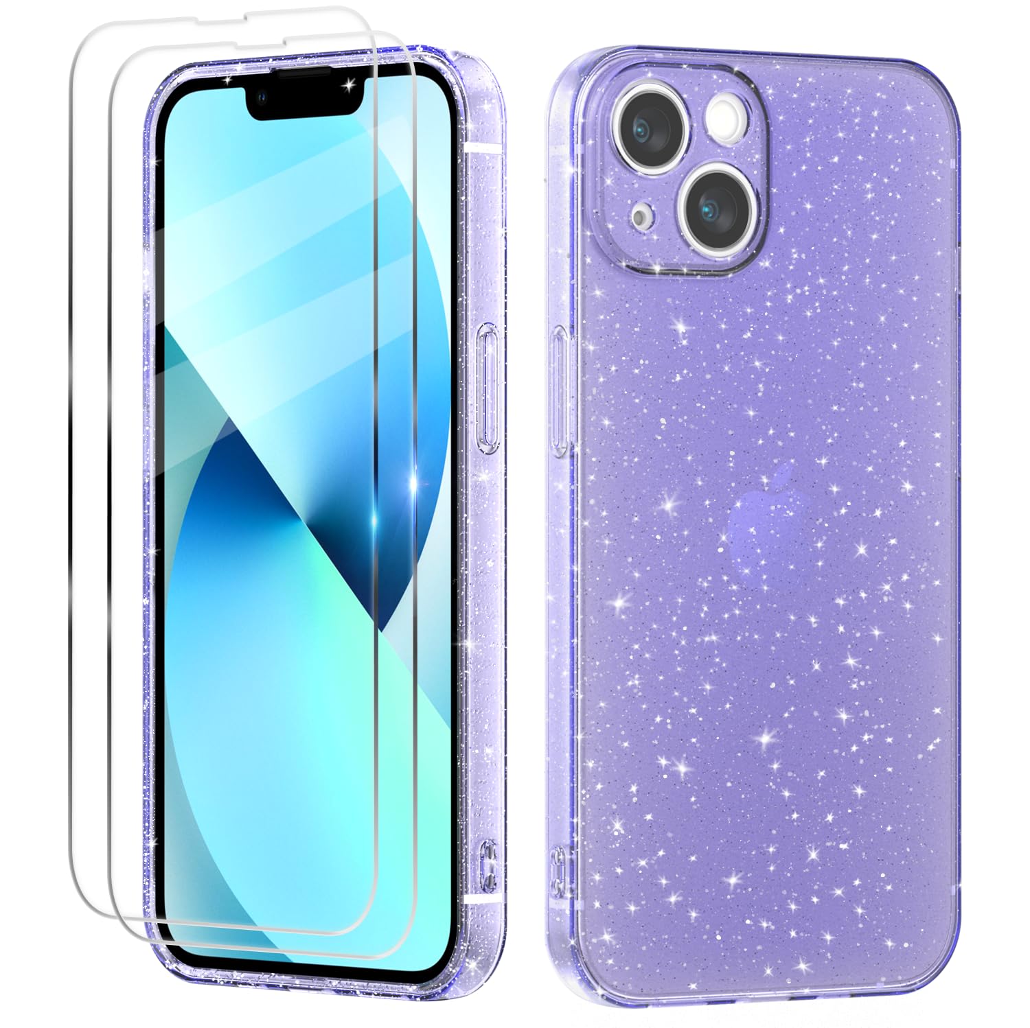 Cover Compatibile con iPhone 13 Custodia Glitter, 2 Pezzi Pellicola Protettiva in Vetro Temperato, Brillantini Custodia Morbido TPU Protezione Trasparente Antiurto Case - Viola