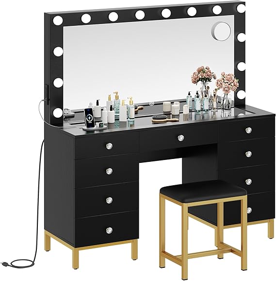 DWVO Makeup Vanity Set with Lighted Mirror, Power Outlet and 14 Lights, Vanity Desk with 9 Drawers, 3 Color Modes Available for Bedroom, Black 46inches