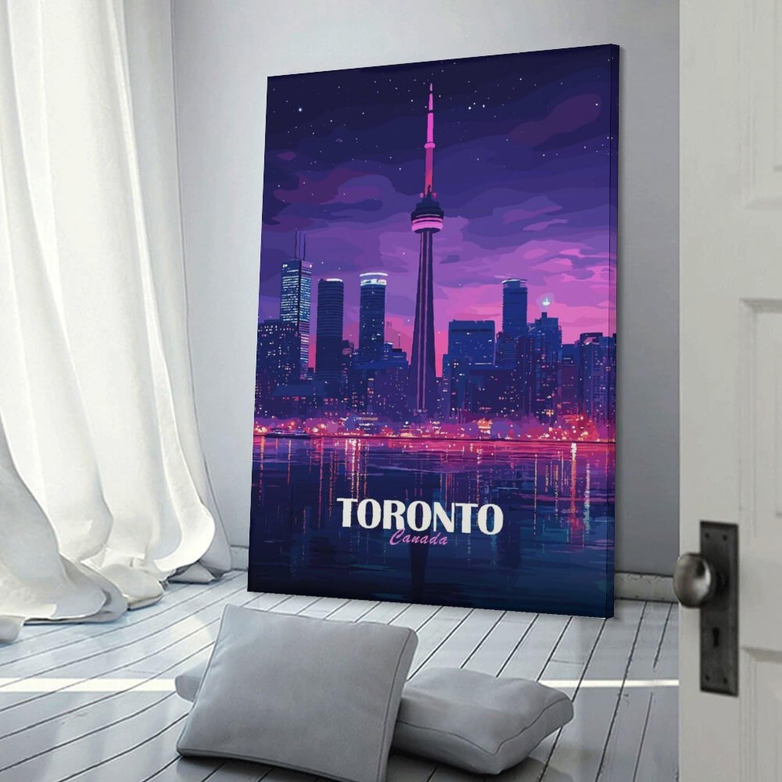 Junmoney Frame-Style-8-1 Toronto Canada Skyline At Night Wall Art Print 24X36inch(60X90cm), For Corridors, Hallways Or Apartment Entries, Wall Decor To Refresh Empty Corners