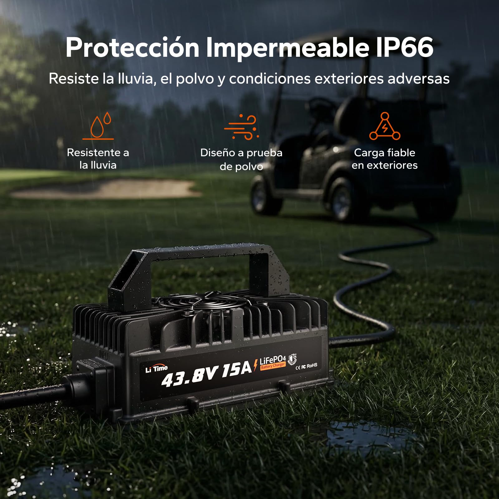 LiTime Cargador de Batería LiFePO4 36V 15A, Cargador de Litio 43,8V IP66 Impermeable con Activación de Batería, Indicador LED, Cargador Inteligente de 3 Etapas para Golf Cart, RV, Barco