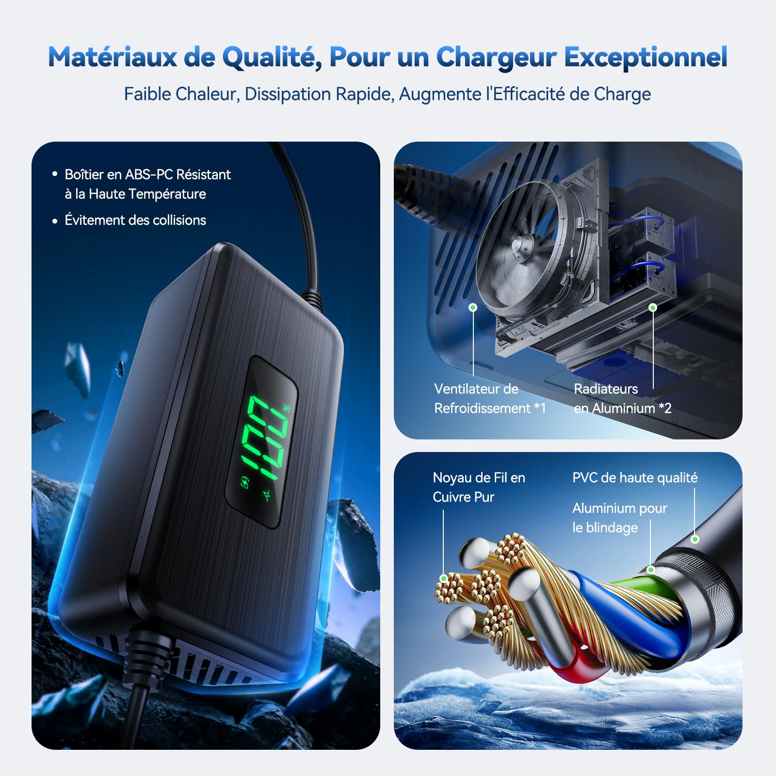 54.6V 2A Chargeur Trotinette Electrique avec Écran LED de Charge, Chargeur Hoverboard avec Ventilateur, Chargeur Universel pour Toutes Les Batteries Lithium de 48V, avec Ninebot, Xiaomi