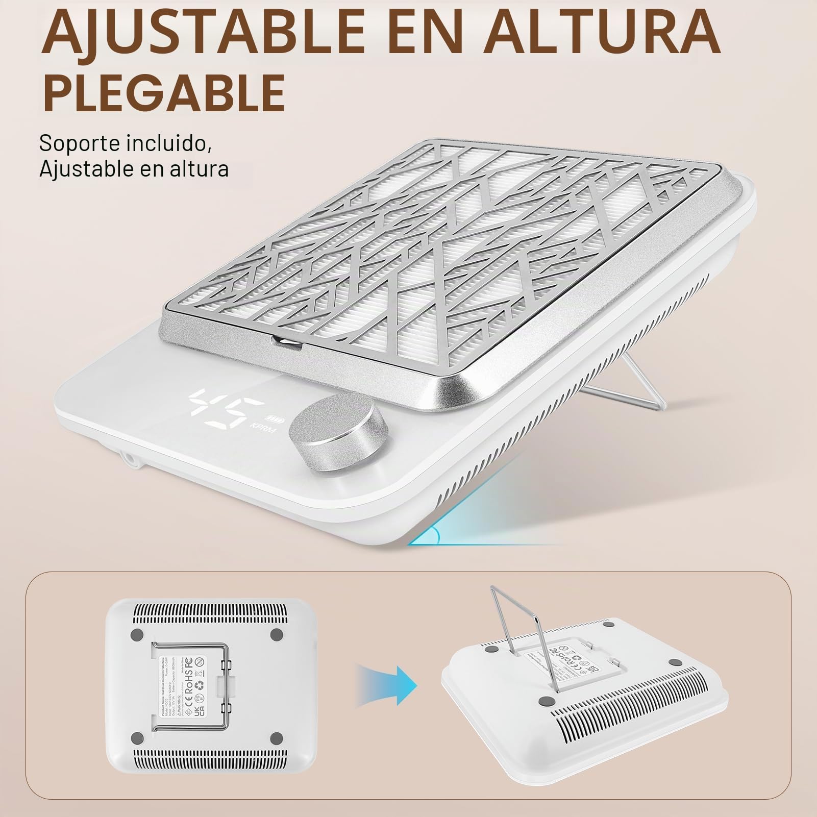 Aspirador de uñas recargable, potente aspirador de mesa profesional para uñas, aspirador de manicura, succión ajustable, blanco-NDC3
