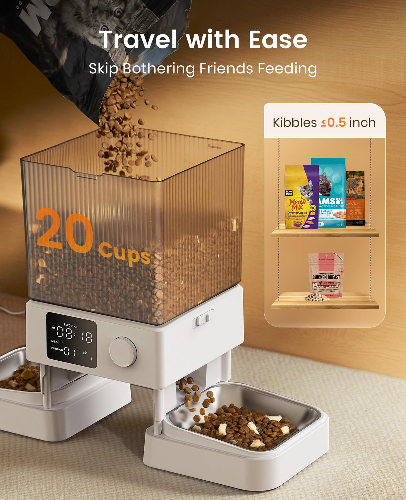 oneisall Automatic Cat Feeder for 2 Cats, 20 Cups/5L Automatic Cat Food Dispenser for Small Pets Indoor, Timed Cat Feeder for Dry Food(White) - image 4
