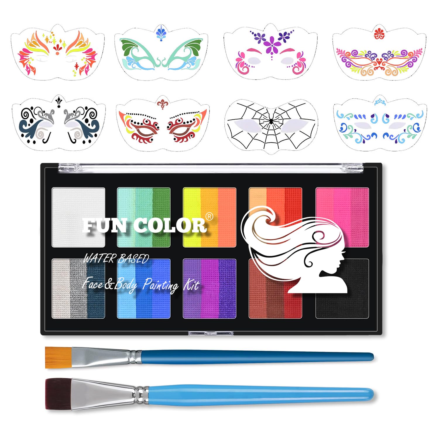 10 Color Rainbow Face Paint Kit with Face Stencils & Brushes - Split Cake Water Activated Palette,Washable Face Paint for Kids, Adults, Professionals Set for Halloween, Cosplay, Parties, Body Art?#02?