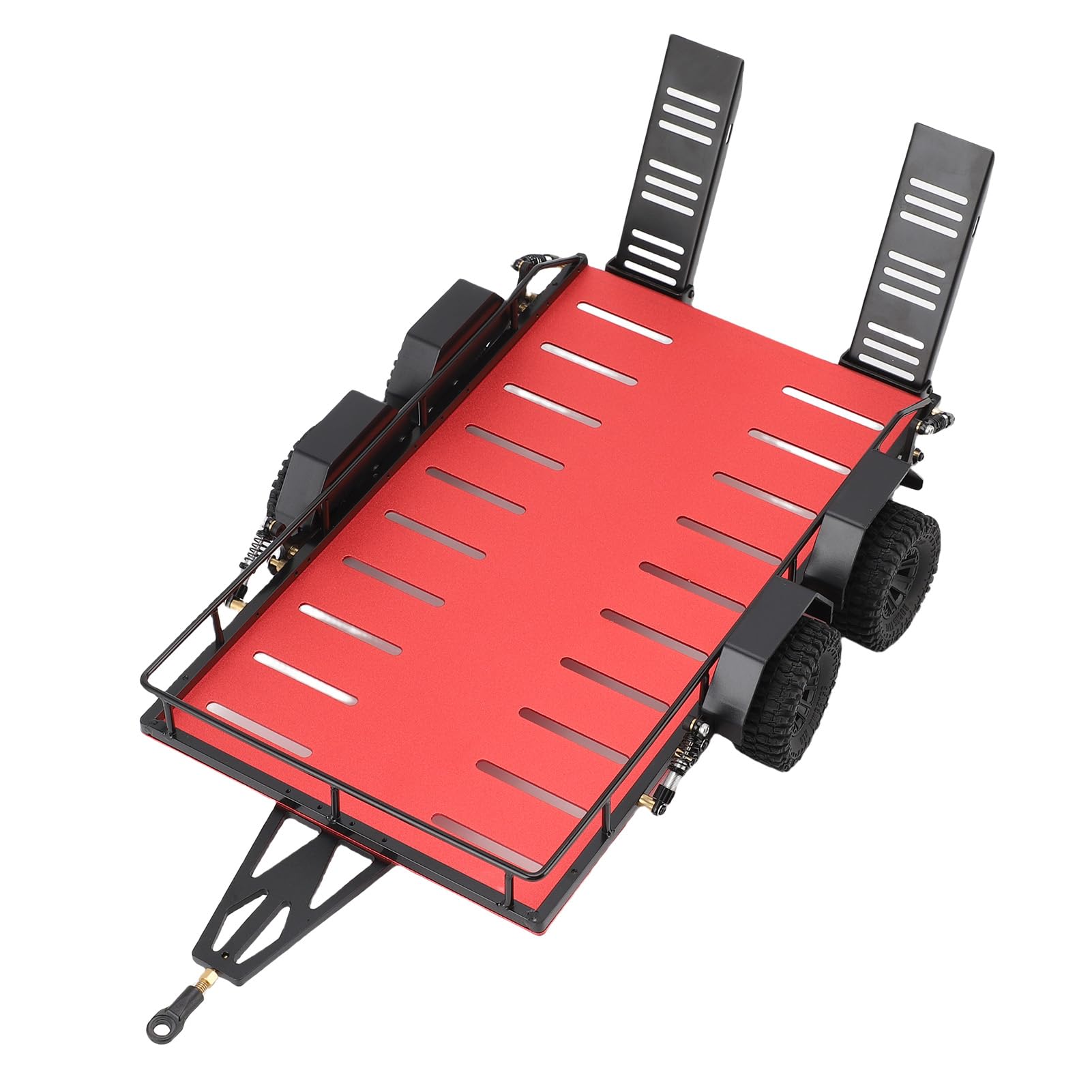 Przyczepa RC, 4 Koła ze Stopu Aluminium w Skali 1/18 z Niezależnymi Amortyzatorami Metalowa Przyczepa z płaską platformą, Gąsienicowa z ukrytą rampą do Różnych Samochodów Terenowych RC