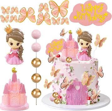 Princess Cake Topper Pink Princess Castle Cake Decorations Butterfly Balls Happy Birthday Cakes Cupcake Toppers for Girls Pink Sweet Bow Themed Birthday Wedding Party Decor