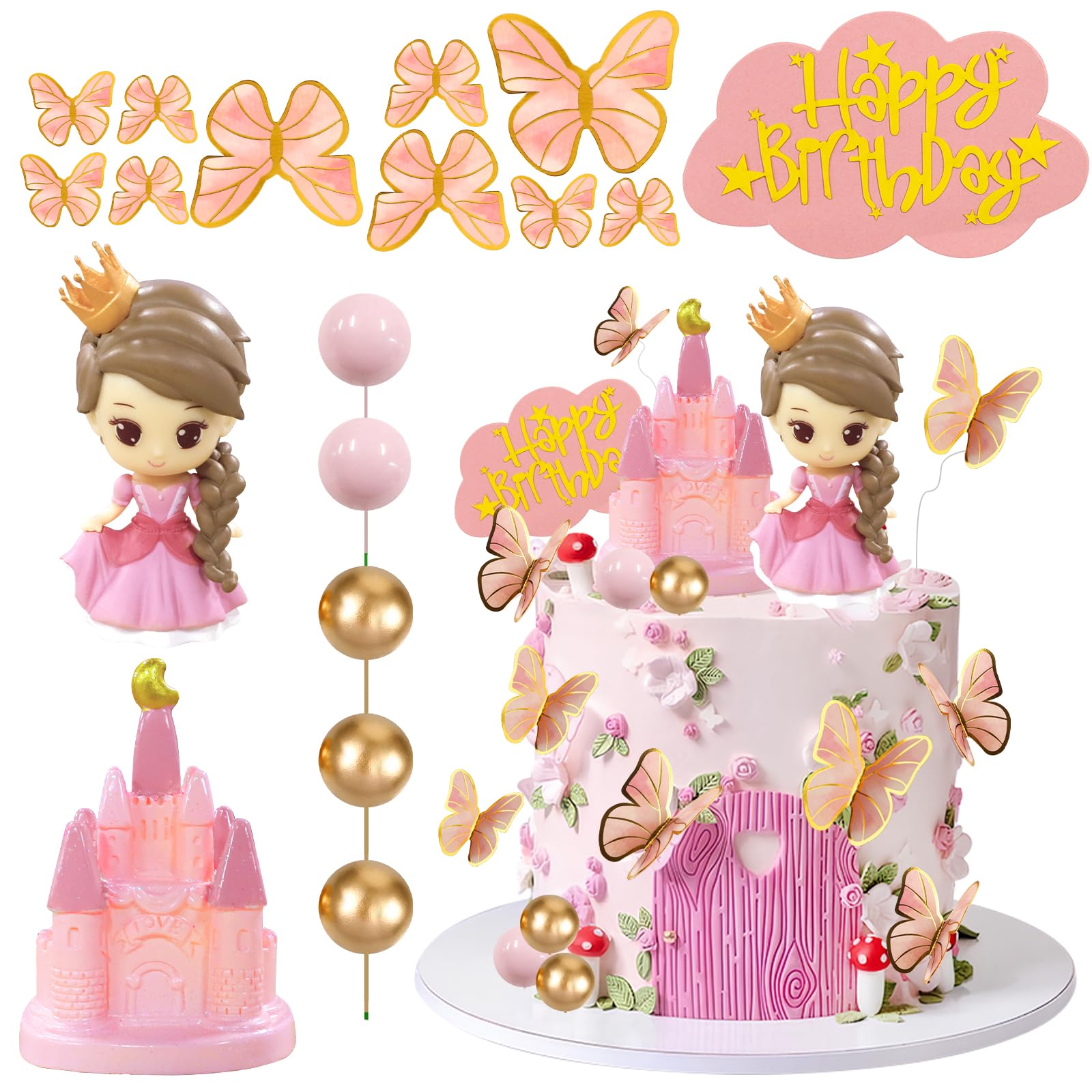 LEBERY Princess Cake Topper Pink Princess Castle Cake Decorations Butterfly Balls Happy Birthday Cakes Cupcake Toppers for Girls Pink Sweet Bow Themed Birthday Wedding Party Decor