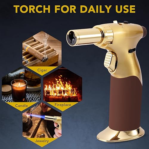 Miniatura 3 de Antorcha de cocina dorada, pistola de butano de doble llama para velas y crema Brulee y más, encendedor de antorcha de cocina recargable, gas butano